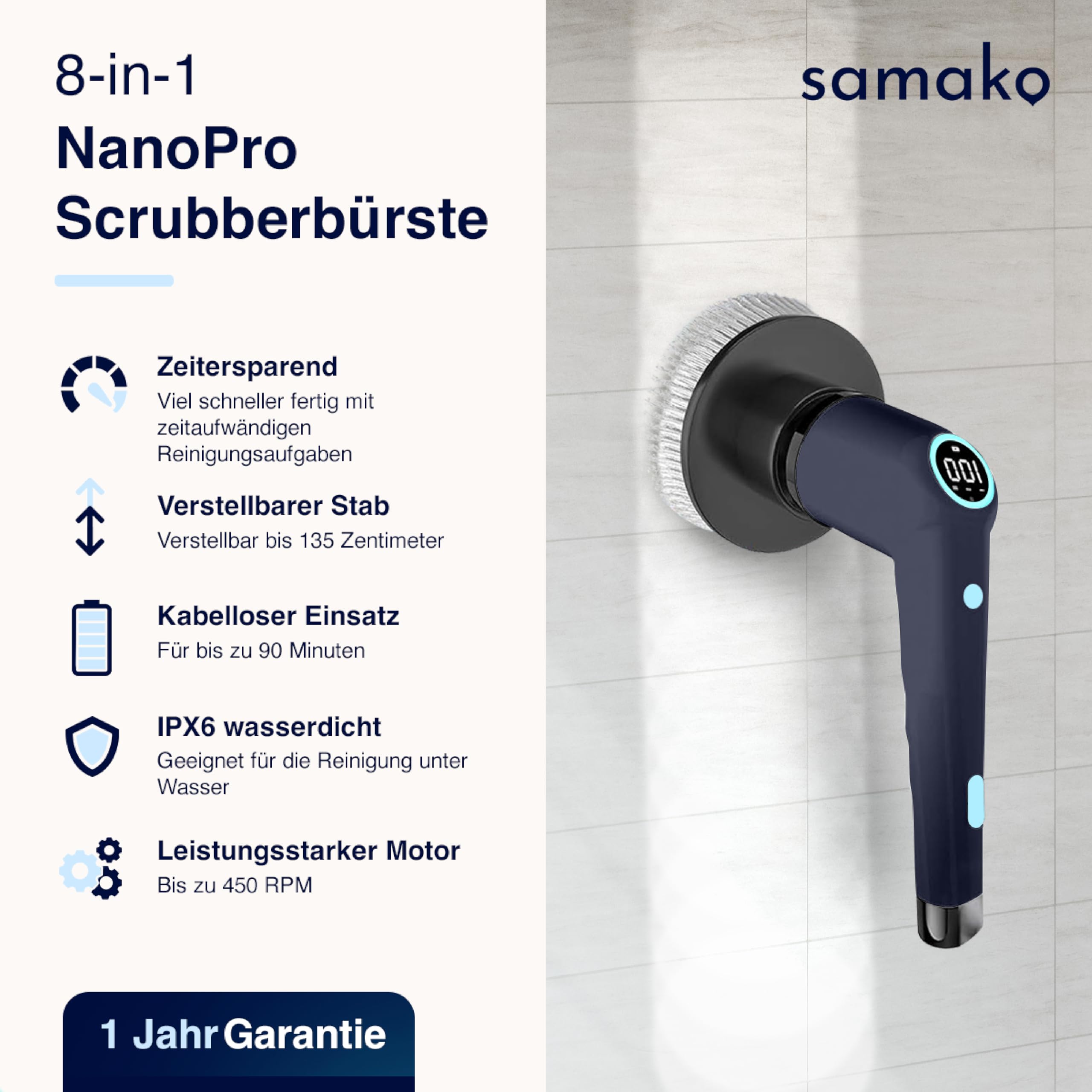 Samako Cepillo de limpieza eléctrico con mango – IPX6 resistente al agua – 9 cabezales – Estropajo con batería para baño, azulejos, ducha y suelo