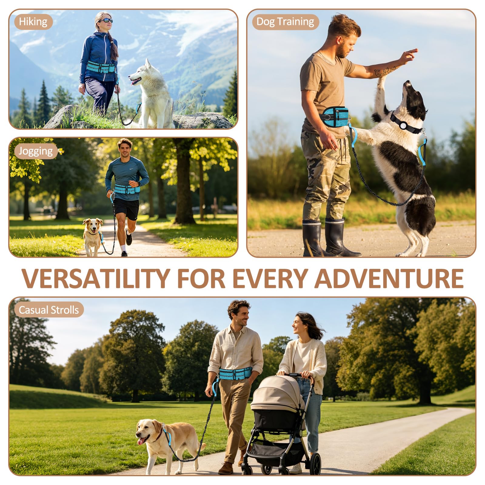 Laisse Main Libre Chien avec Ceinture Réglable et Sac Banane, Laisse Canicross Anti Traction, Longe Élastique Amovible 150-220cm, Bande Réfléchissante pour Courir et Marcher, Bleu