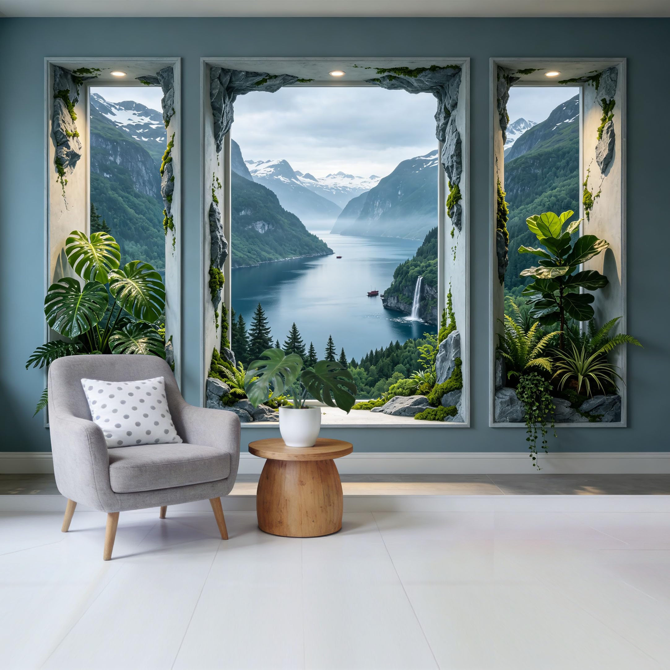 Removable Self Adhesive Fabric Mural， 3D Trompe L'Oeil Scenic Mountain Lake Waterfall Custom Size Wall Covering， UV Protected Waterproof Washable Wall Decor for Living Room Bedroom Bathroom