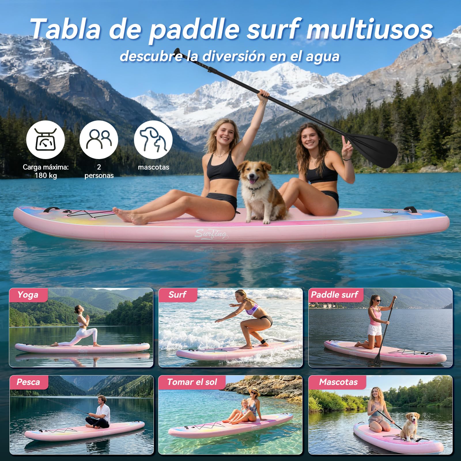 YU YUSING Tabla Paddle Surf Hinchable 335 cm, Paddle Surf, Rosa Océano