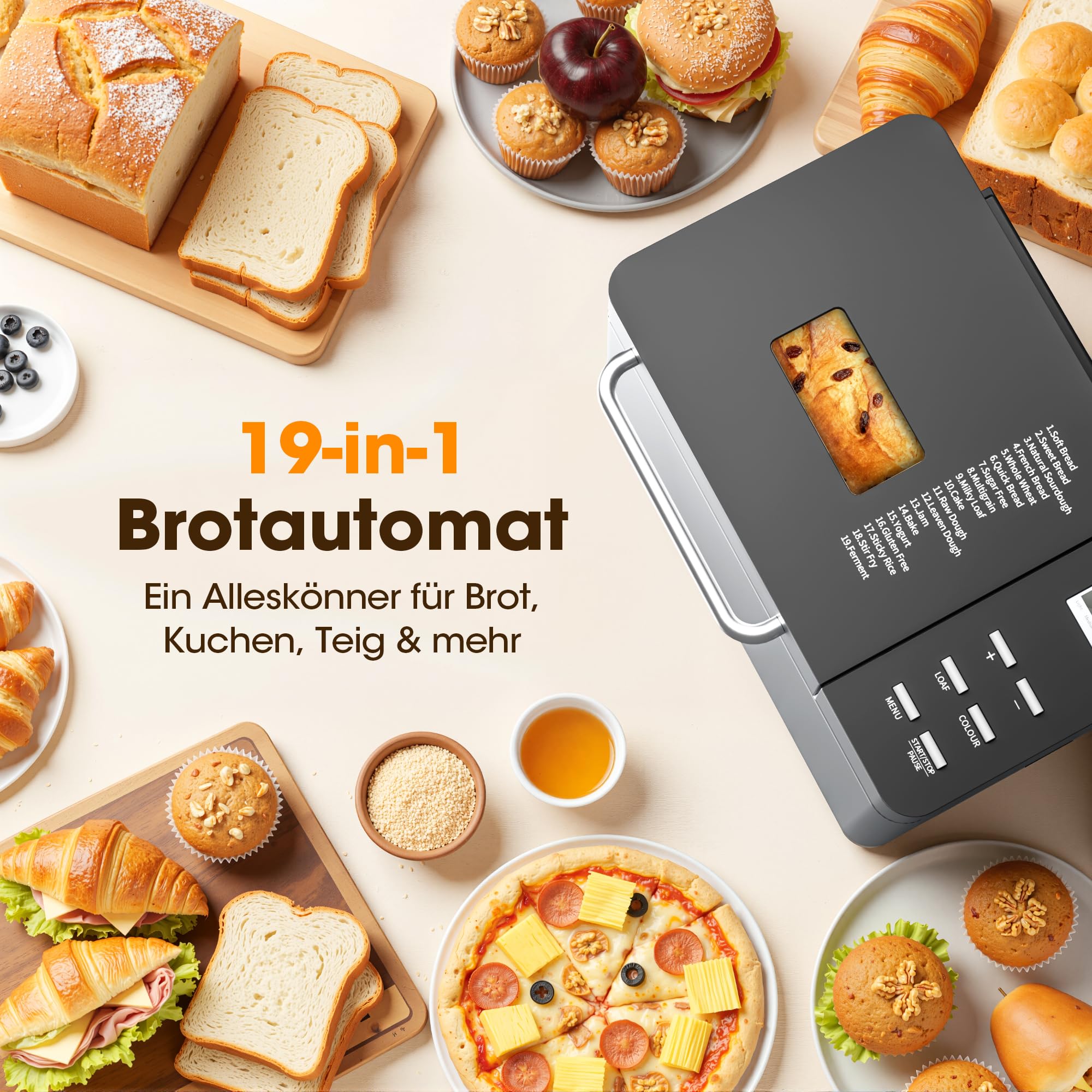 Triumphkey Brotbackautomat mit 19 Programmen & 1000g Fassungsvermögen – Vollautomatische Brotbackmaschine mit 3 Bräunungsstufen, Timer, 710W, Edelstahl-Optik inkl. Sichtfenster & Rezeptbuch