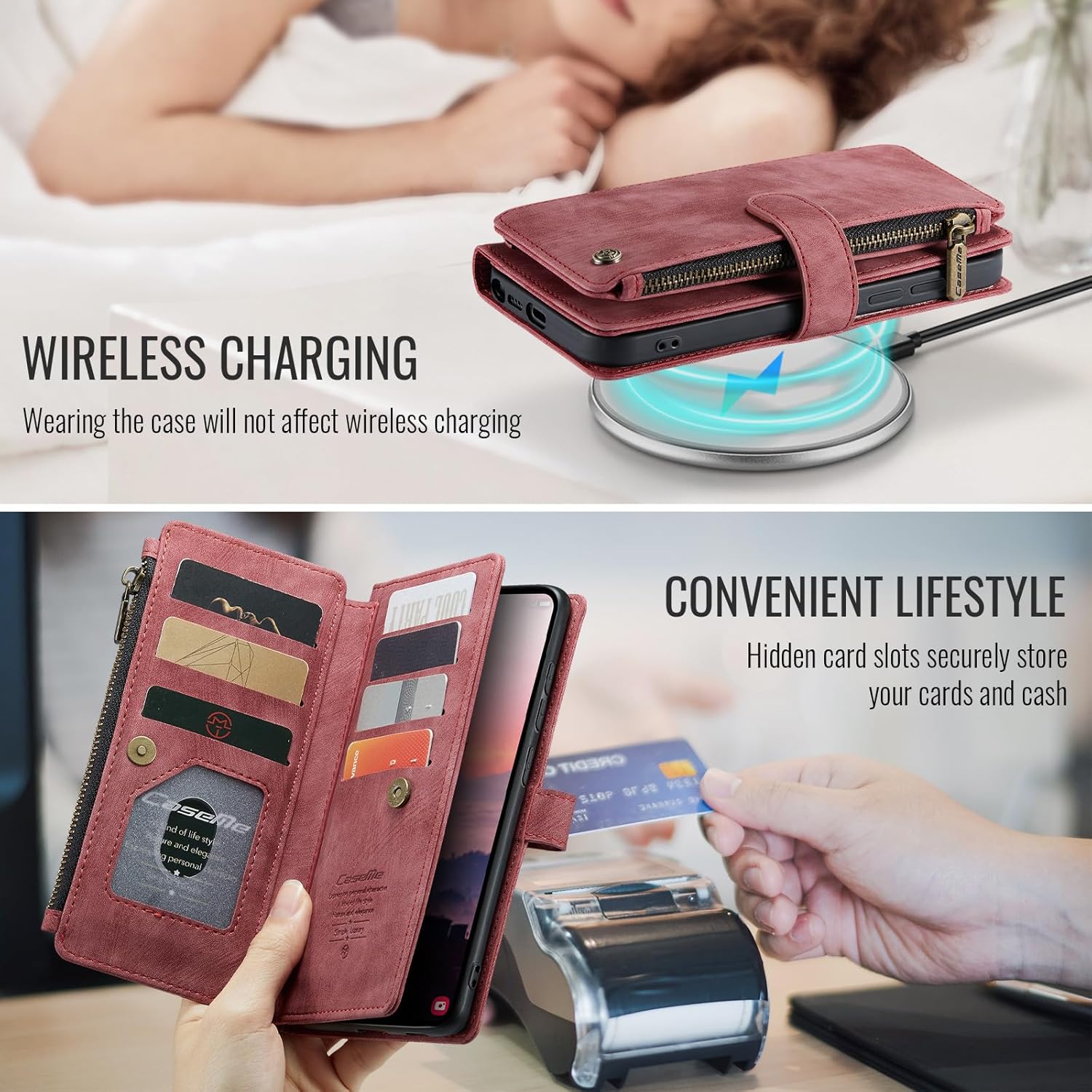 Compatible with Samsung Galaxy S26 Ultra Wallet Case with Card Holder Kickstand Magnetic Zipper Pocket Lanyard Strap Wristlet,Leather Flip Case Wallet for Galaxy S26 Ultra 6.9 Inch (Red)