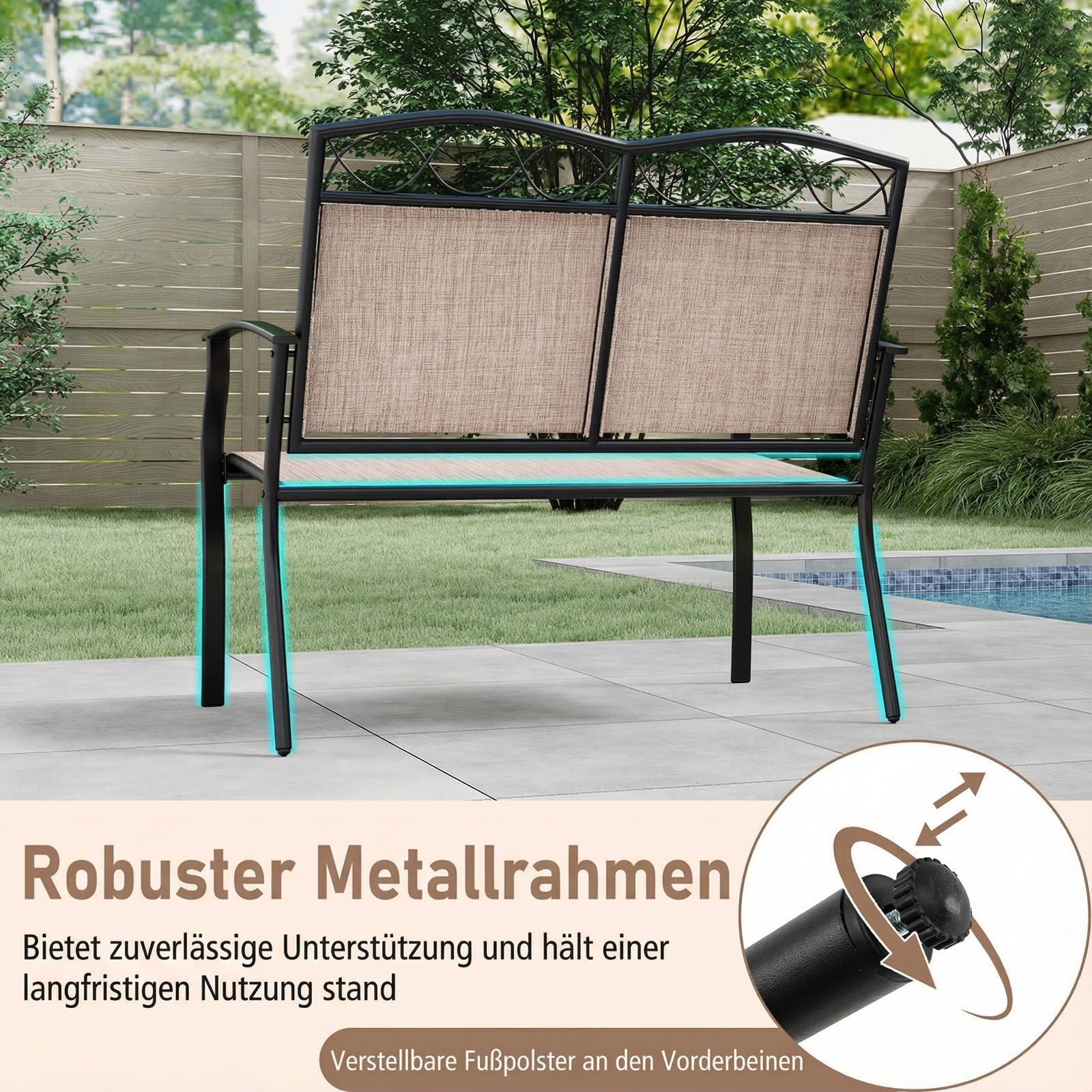 COSTWAY Gartenbank wetterfest, Outdoor Sitzbank für 2 Personen, Balkonbank mit Metallrahmen, atmungsaktivem Stoff, bis 300 kg belastbar, für Garten, Balkon, Terrasse