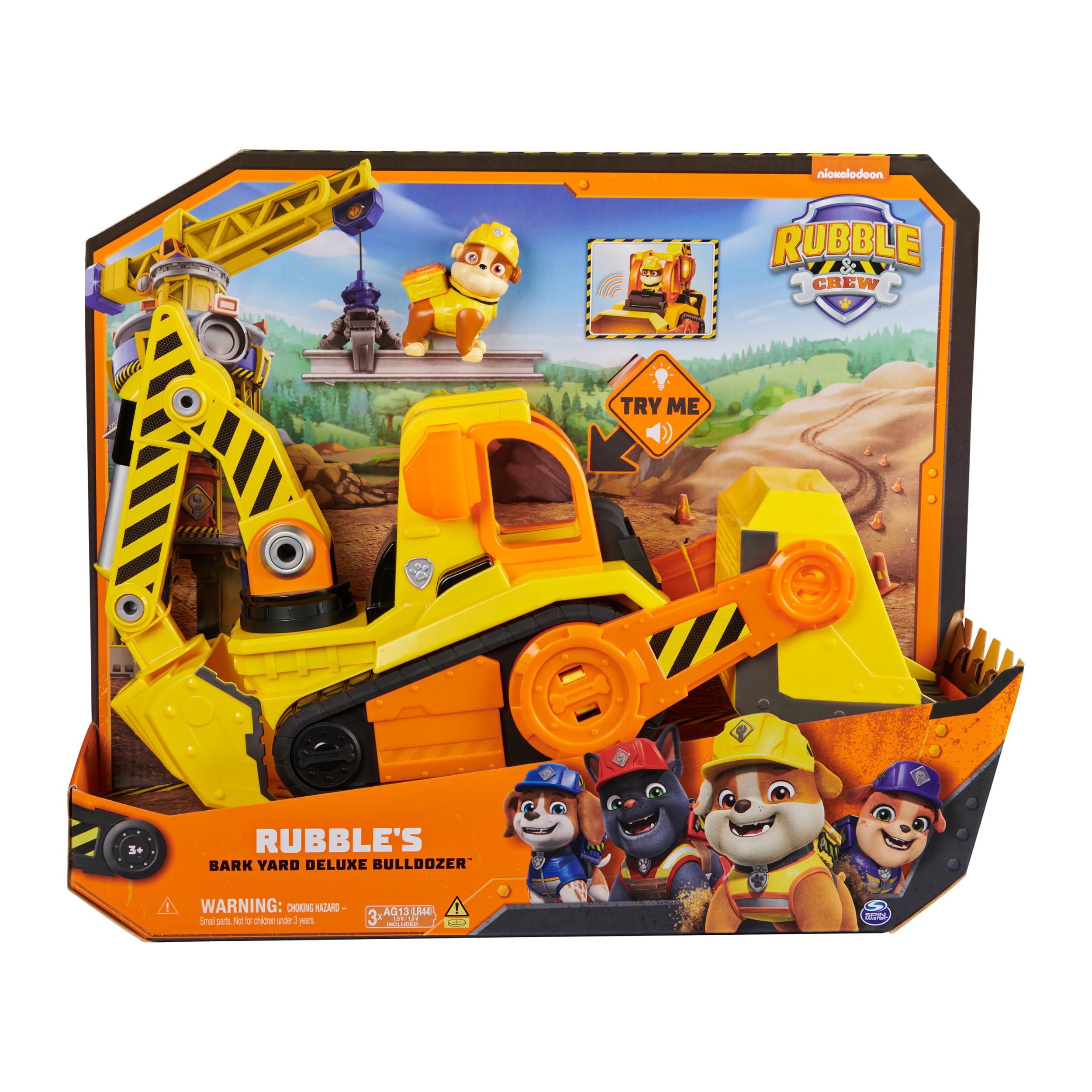 Rubble & Crew, Veicolo da lavoro Deluxe di Rubble, Bulldozer da cantiere con luci, suoni e personaggio, giocattoli per bambini e bambine dai 3 anni in su