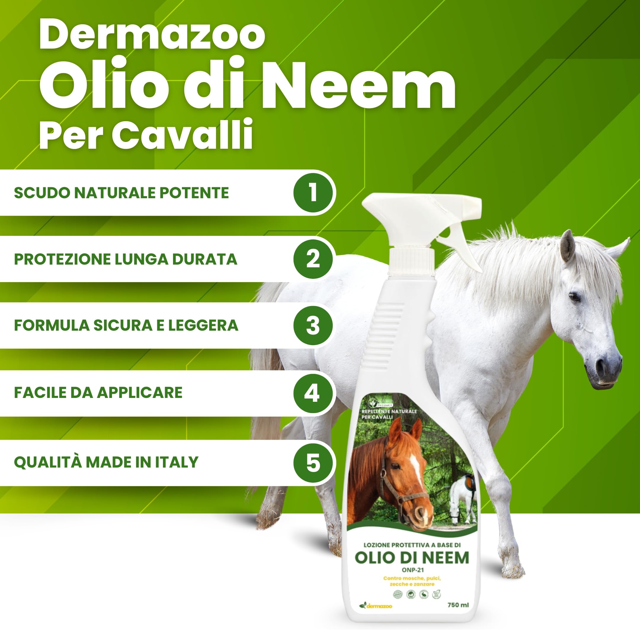 Dermazoo Olio di Neem per Cavalli ONP-21, Repellente Cavalli Antipulci 2 x 750ml, per Pidocchi, Zanzare, Zecche, Mosche e Tafani, Lozione Spray Antizanzare Sicura, Naturale e Specifica