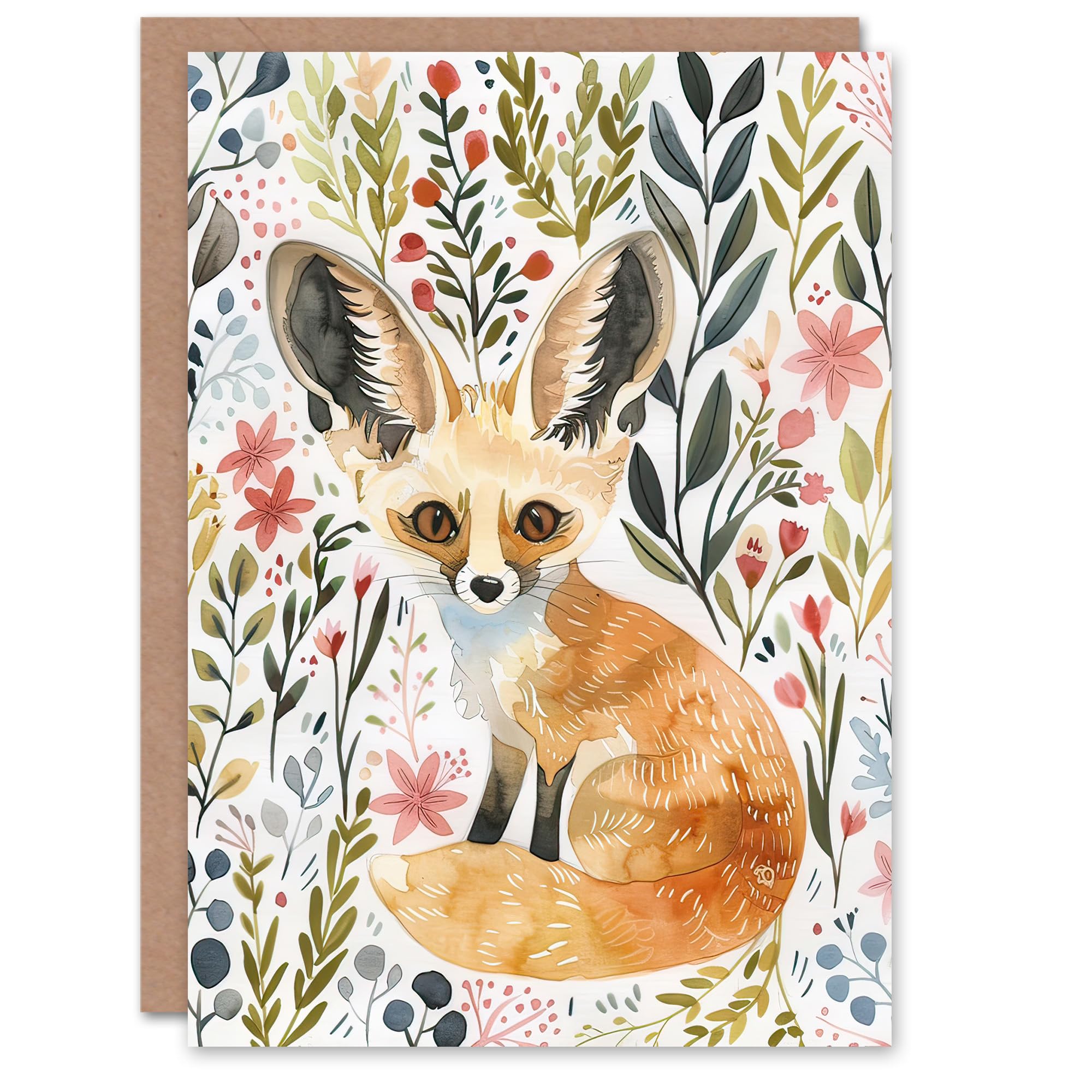 Artery8 Greeting Card Fennec Fox Boho Floral Watercolour Portrait For Her Woman Birthday Card