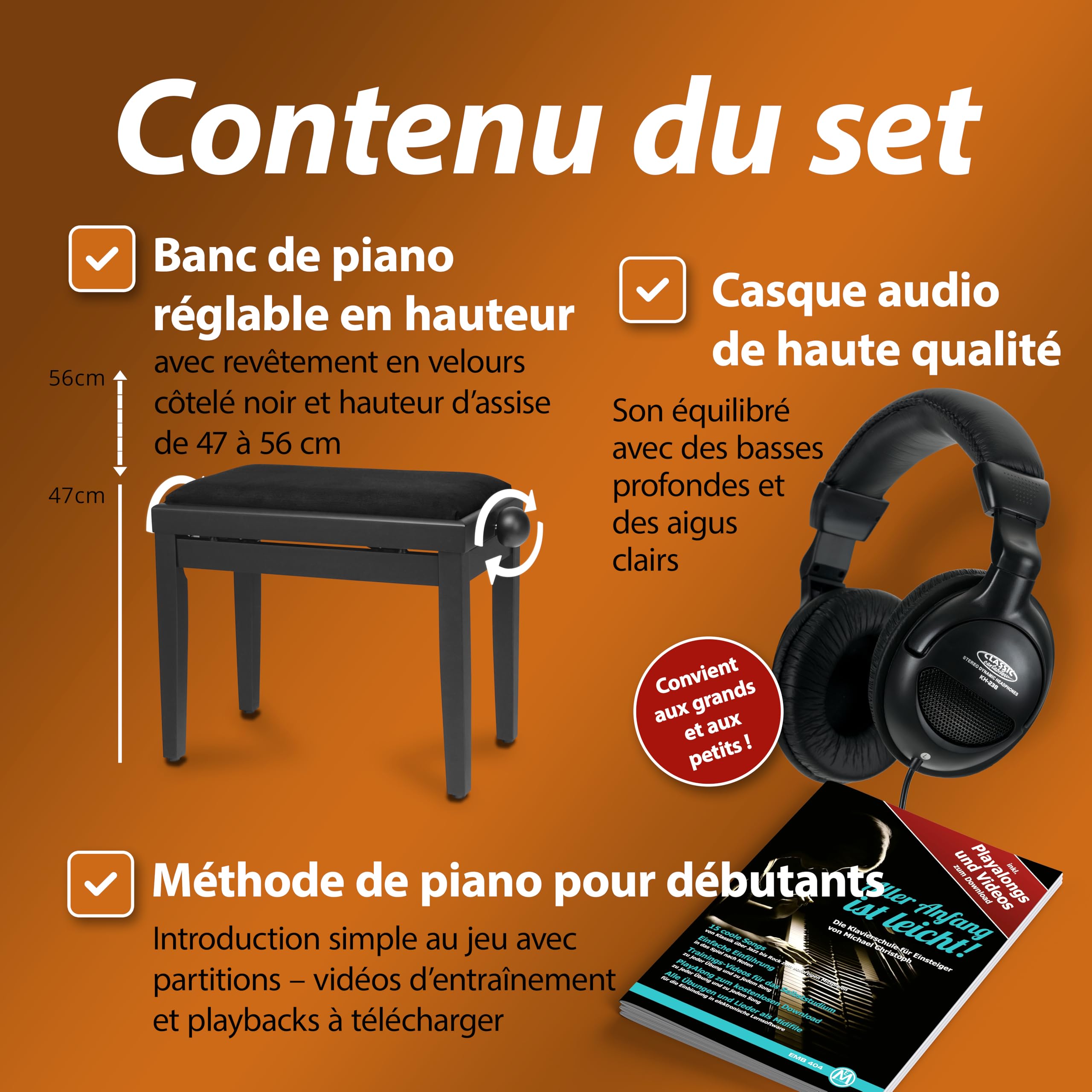 Classic Cantabile DP-50 SM Piano Numérique - 88 touches clavier pondérée à marteaux - Clavier électronique USB, 3 Pédales, 32 polyphonie - Synthetiseur debutant - Set Banquette & Casque - Noir mat