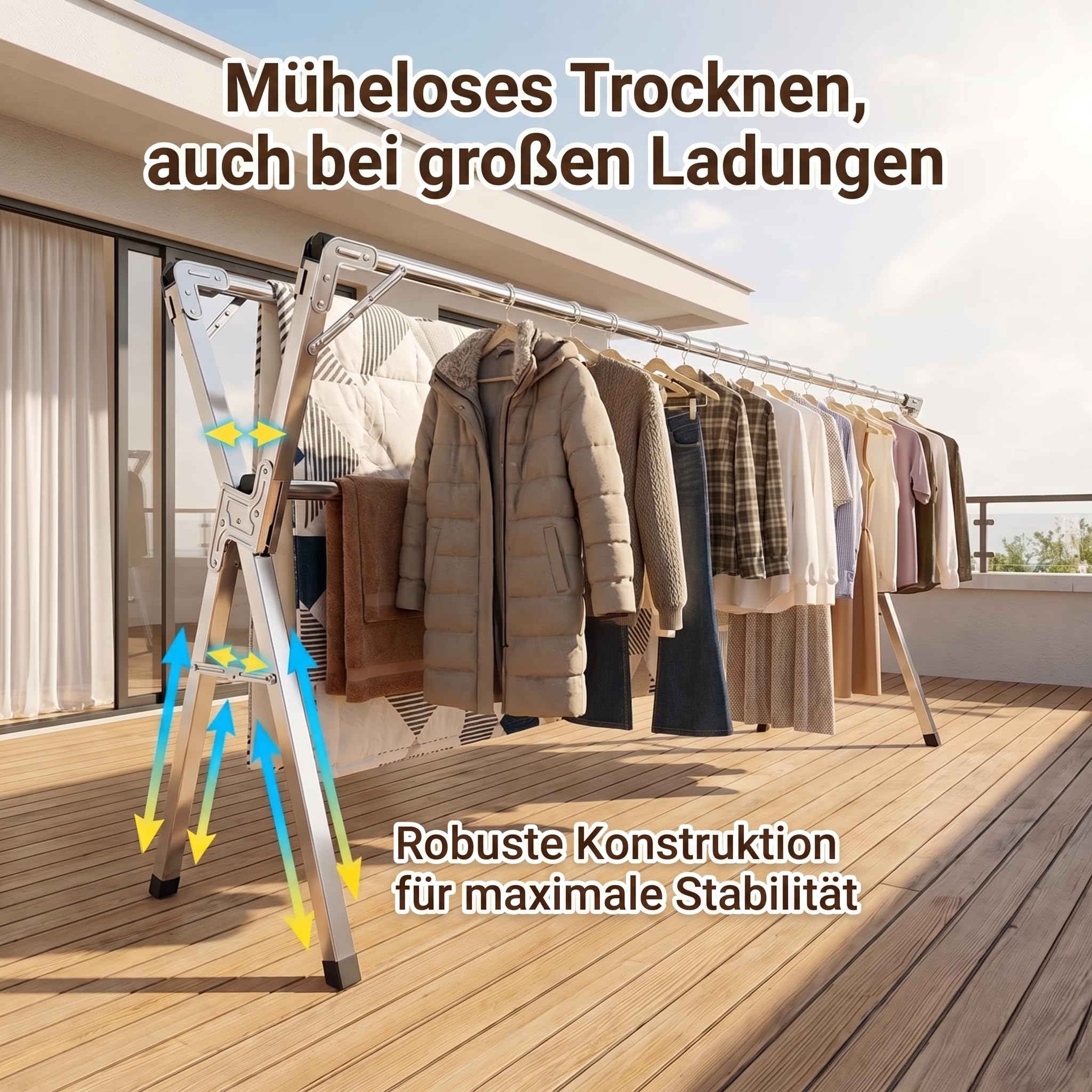 Wäscheständer, faltbar, Edelstahl, Typ Tancarville, Wäscheständer für drinnen und draußen, verstellbarer Wäscheständer 140 – 240 cm, 60 kg pro Stange, mit 40 Haken, winddicht