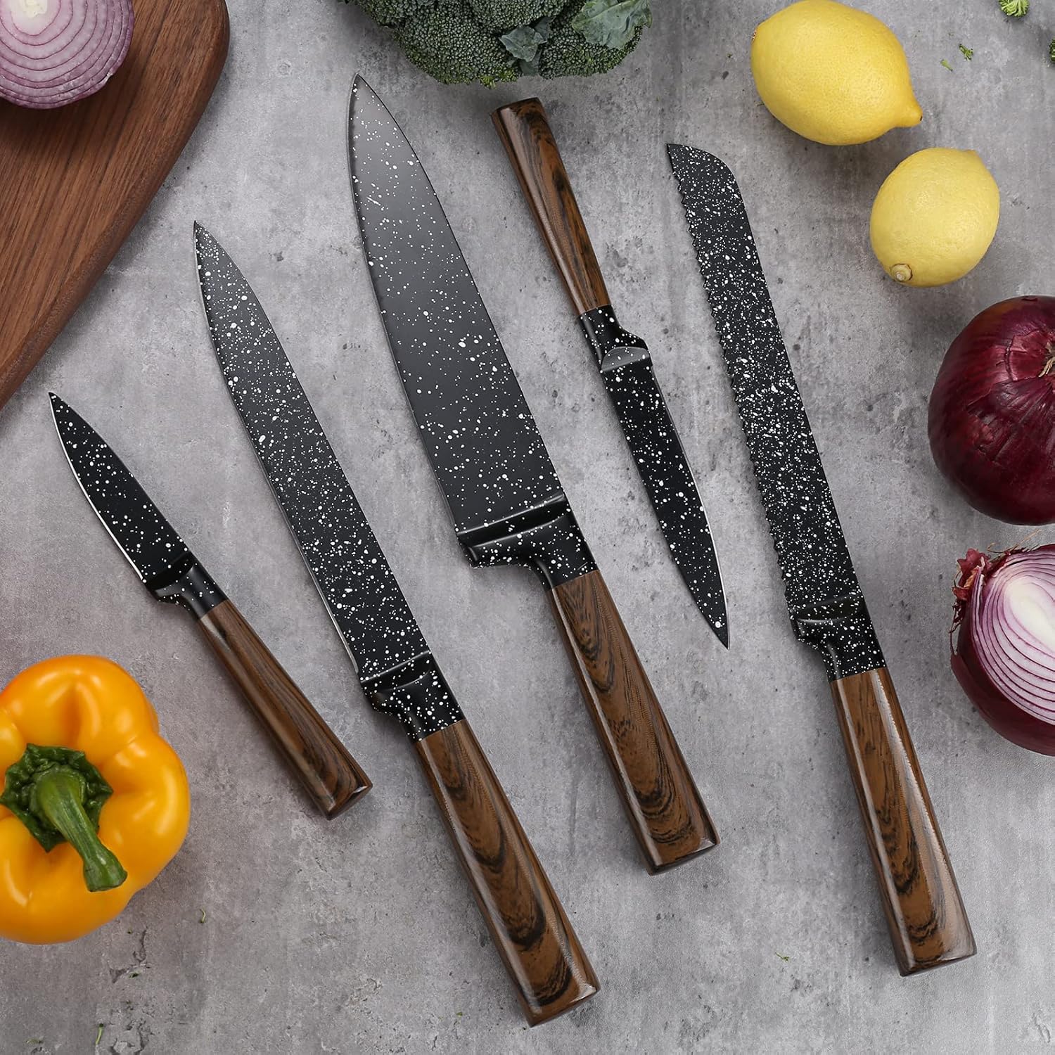 Royal Swiss - Juego de cuchillos (12 piezas, con bloque de madera y afilador integrado, cuchillos de cocina profesionales de acero inoxidable, mangas de madera, bloque de cuchillos de diseño