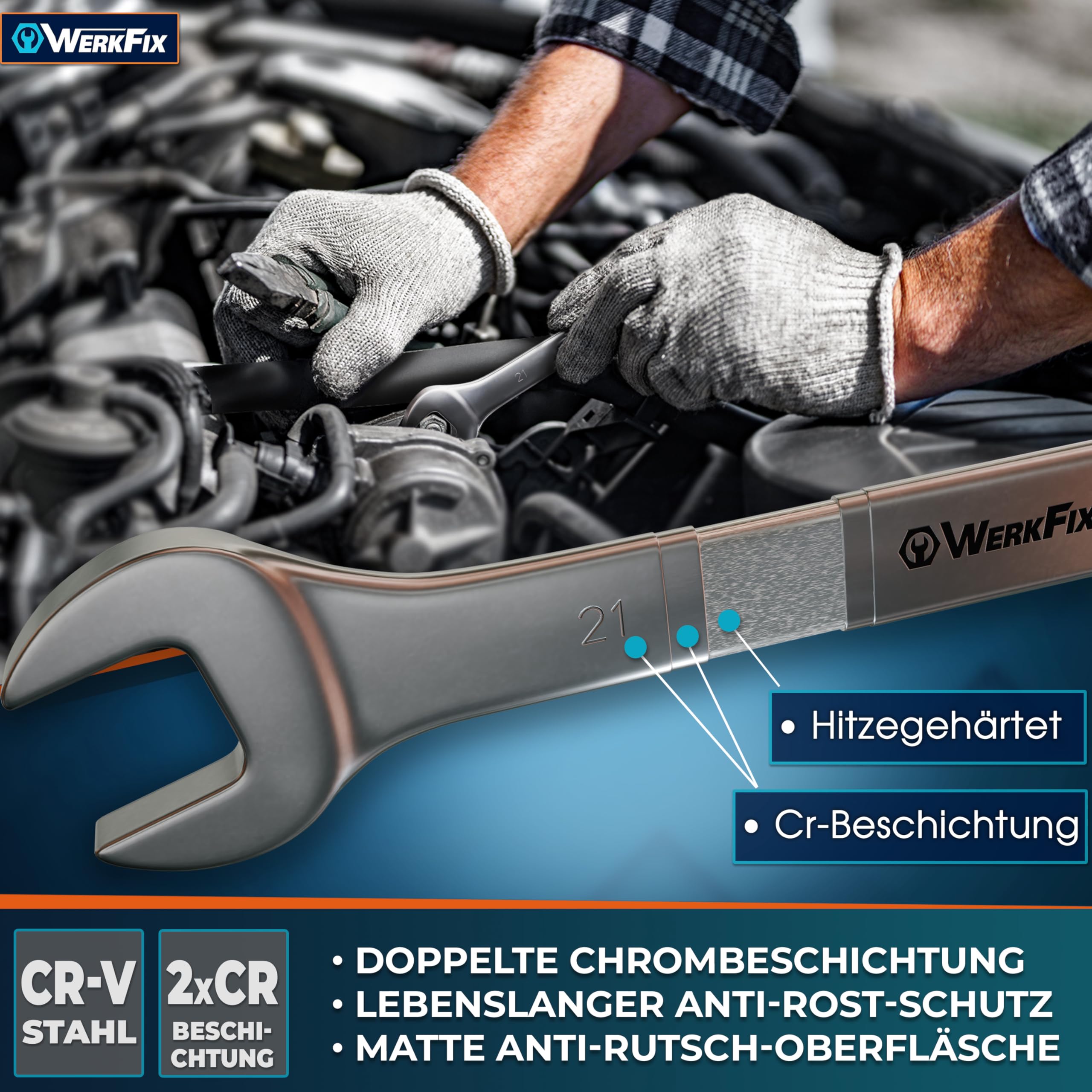 WerkFix Ring-Maulschlüsselsatz 25-tlg. 6–32 mm | CrV-Stahl Schraubenschlüssel Set KFZ Werkstatt | Gabelschlüssel mattiert & laser-markiert | Profi Schraubenschlüssel Set mit Rolltasche