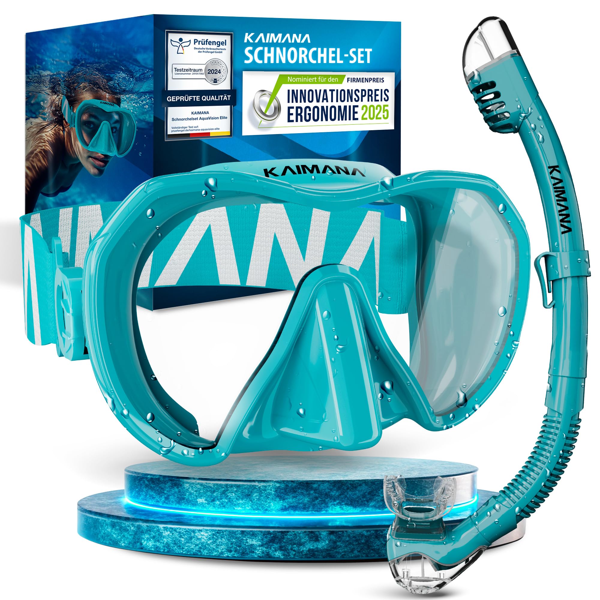 Das Neue KAIMANA® AquaVision Elite Schnorchelset für Erwachsene inkl. Tragetasche, Bequeme Taucherbrille Erwachsene, Alternative zur Schnorchelmaske, Taucherbrille mit Stoffband/Silikonstrap