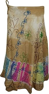 Mogul Interior Magic Wrap Skirt Brown Embroidered Rayon Boho Beach Skirts