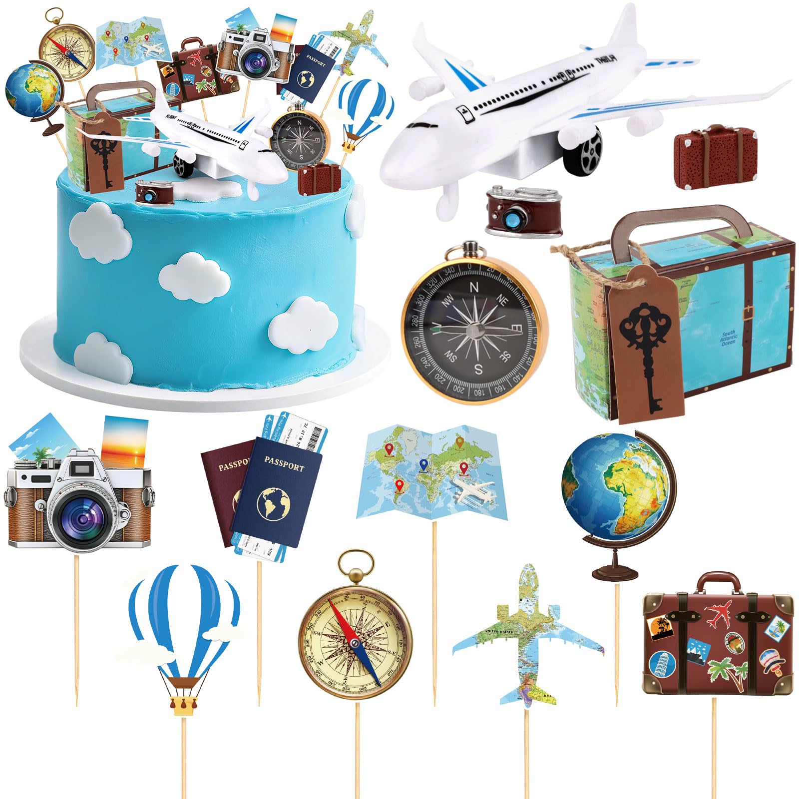 Hooqict 34 Pcs Travel Cake Topper with Mini Suitcase, Globe, Map, Airplane Cake Decorations for Travel Themed Party Decorations Let The Adventure Begin Around the World Party Supplies
