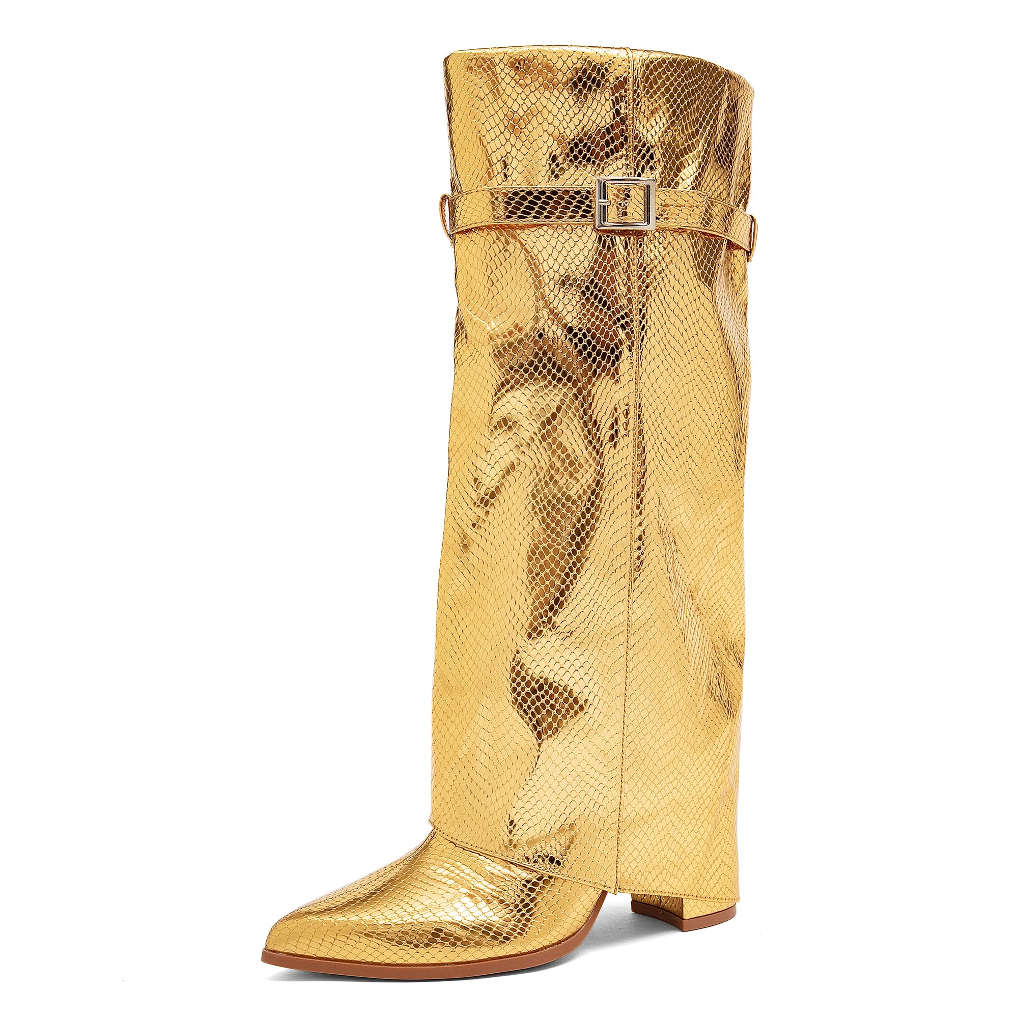 NEWBELLA Womens Knee High Boots - Shiny PU Leather Slim Fit Trouser Boots Fashionable Pointed Toe Block Heel