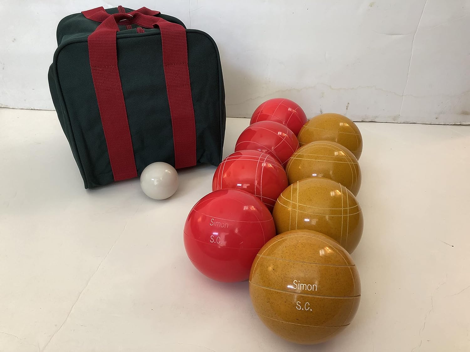 BuyBocceBalls Listing - Made in USA, Premium Quality Engraved Tournament Bocce Set, 998 Grams (2 lbs. 3.2 oz.). Various Bag Colors - 110mm Light Red and Gold Balls, Nylon Bag