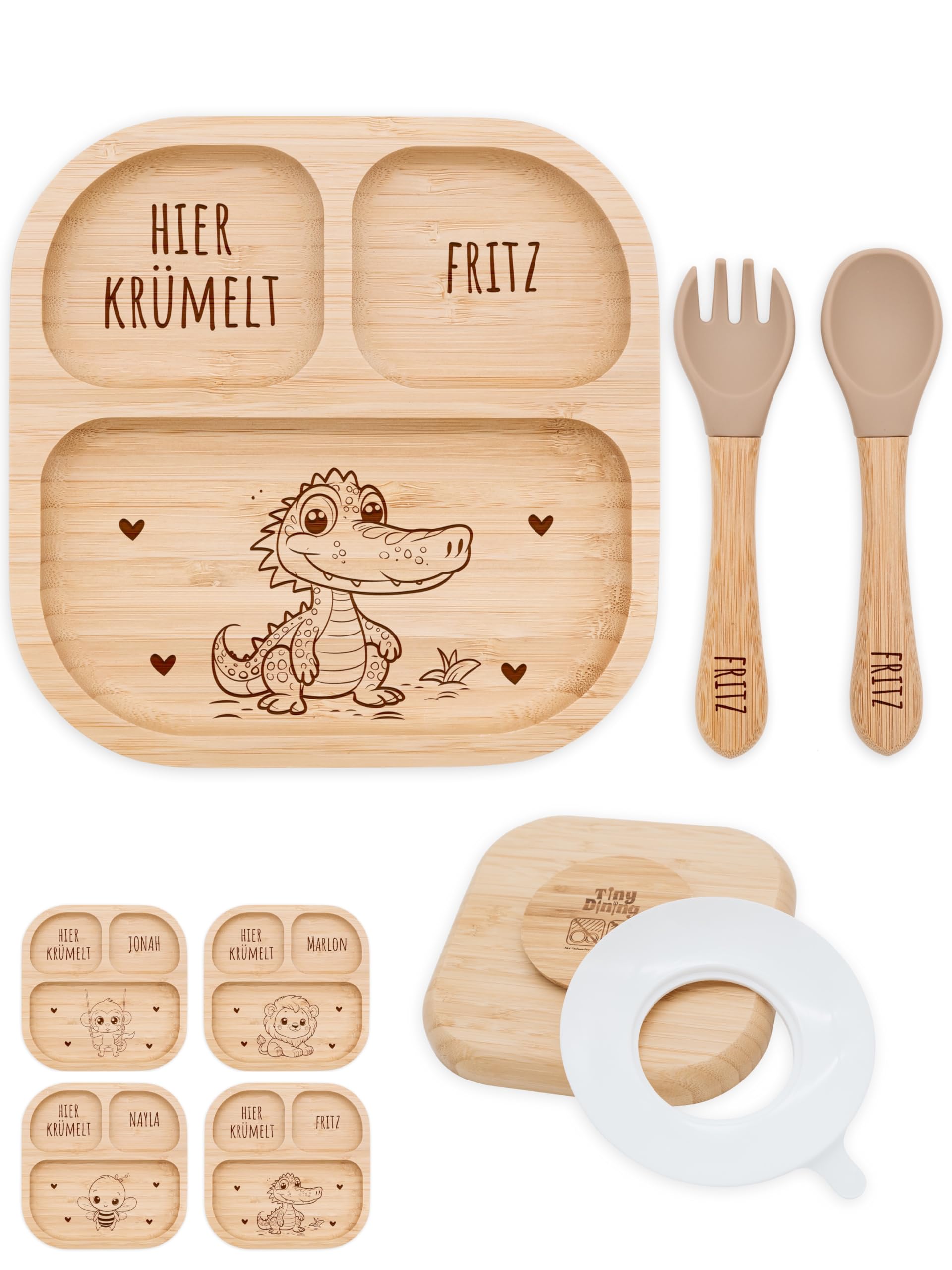 Bärenfreunde® - Personalisierter Baby Teller mit Saugnapf - Praktisches Beikost Säugling Zubehör mit Namen - Kinder Teller Rutschfest - Personalisierte Geschenke Baby (Krokodil)