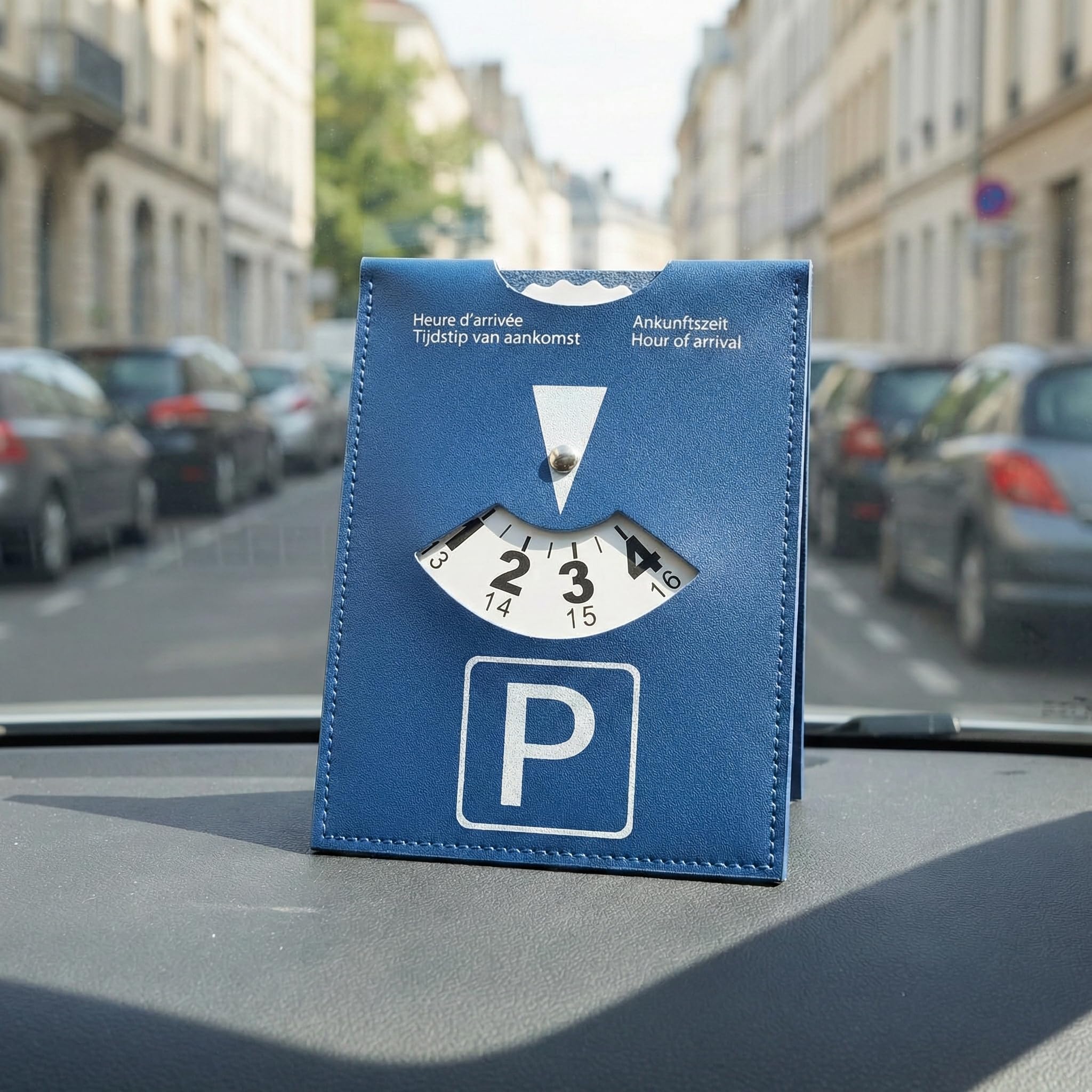 Disco horario Europeo para estacionamiento 1 Unidad Grande 10x13 cm Color Azul en Cuero sintético Suave para Coche Moto y Autocaravana Uso Urbano y Viajes