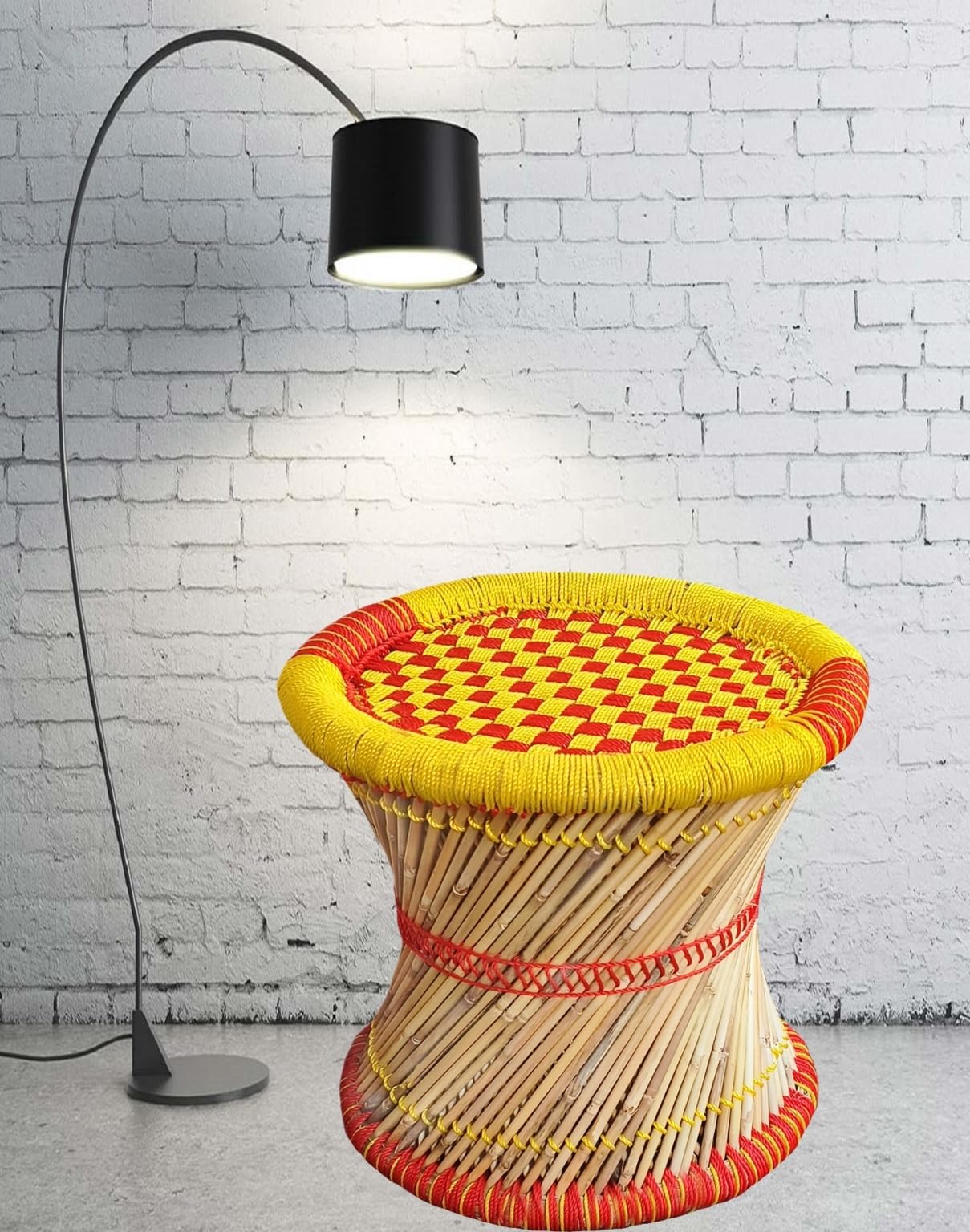 Pure Handmade Bamboo mudda Stool/Chair for Living Room/Office/Home/Indoor/Outdoor Garden with Round Shape with Combo Pack of-1 (15X15) with Yellow -Red Colour-image-19