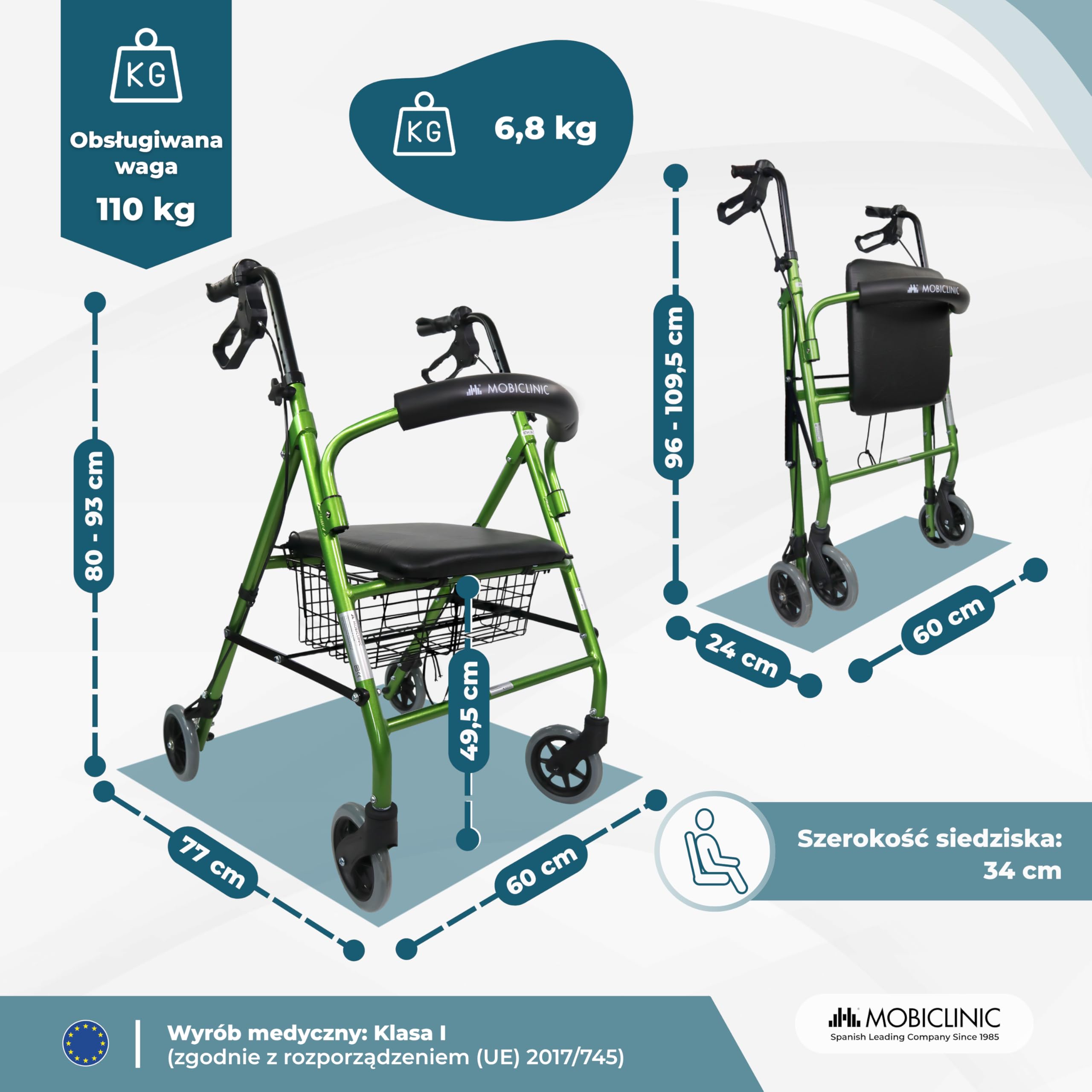 Chodzik | Składany | Aluminiowy | Hamulce na uchwytach | Siedzisko i oparcie | 4 koła | Zielony | Escorial | Mobiclinic