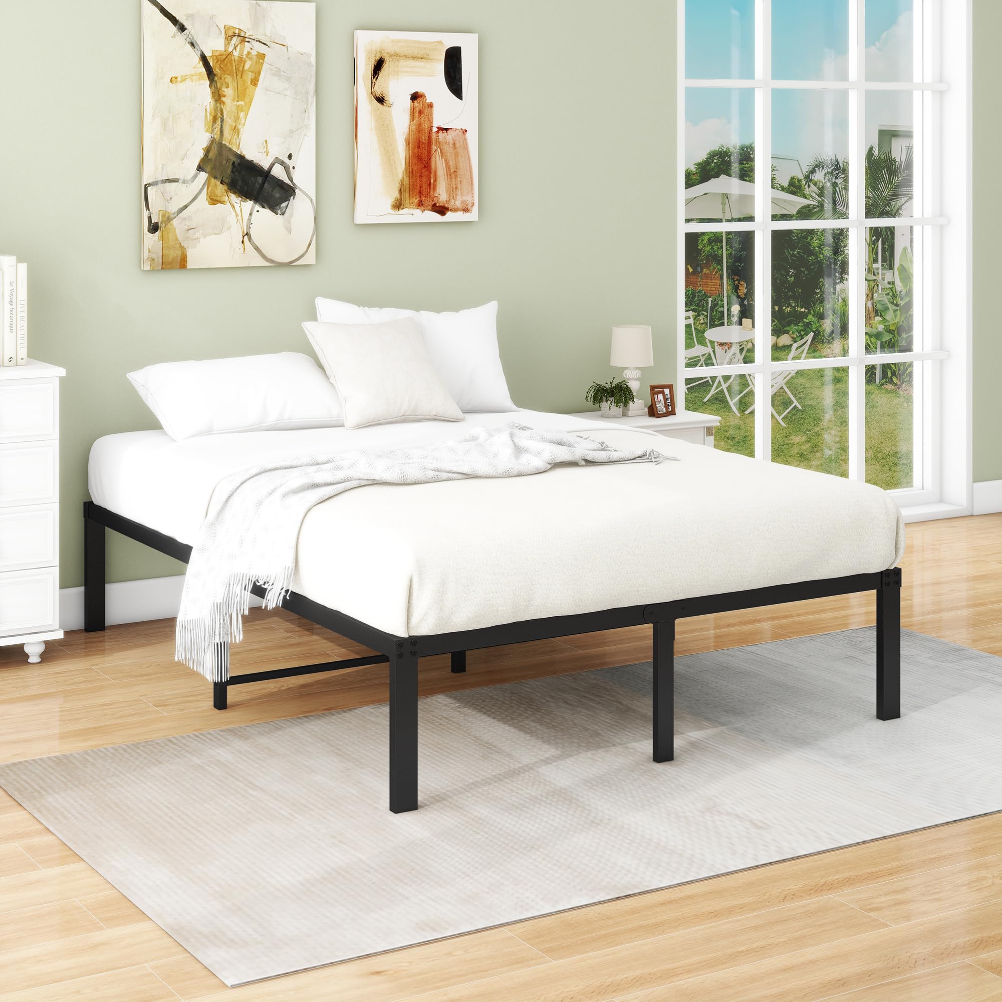 DUMEE Cadre De Lit Simple En Bois Et Métal 120x200 Cm - Silencieux, Soutien Solide, Tête De Lit Rangement Noir Et Chêne Marron