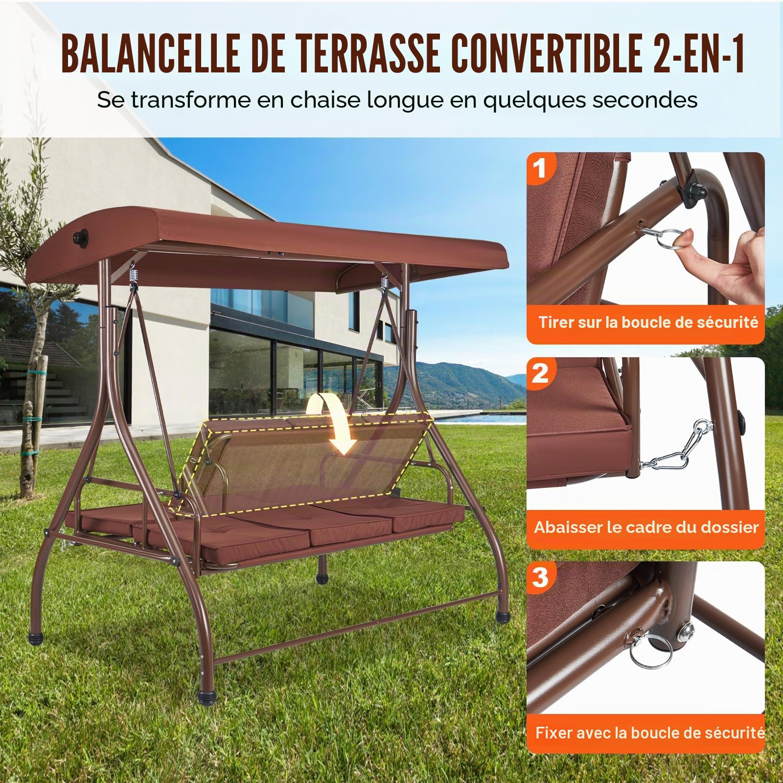 VEVOR Balancelle de terrasse 3 Places, balançoire Convertible avec auvent réglable de Porche extérieur, avec Coussin épais Amovible, Cadre en Acier allié, pour Balcon, Jardin, Bord de Piscine, Marron