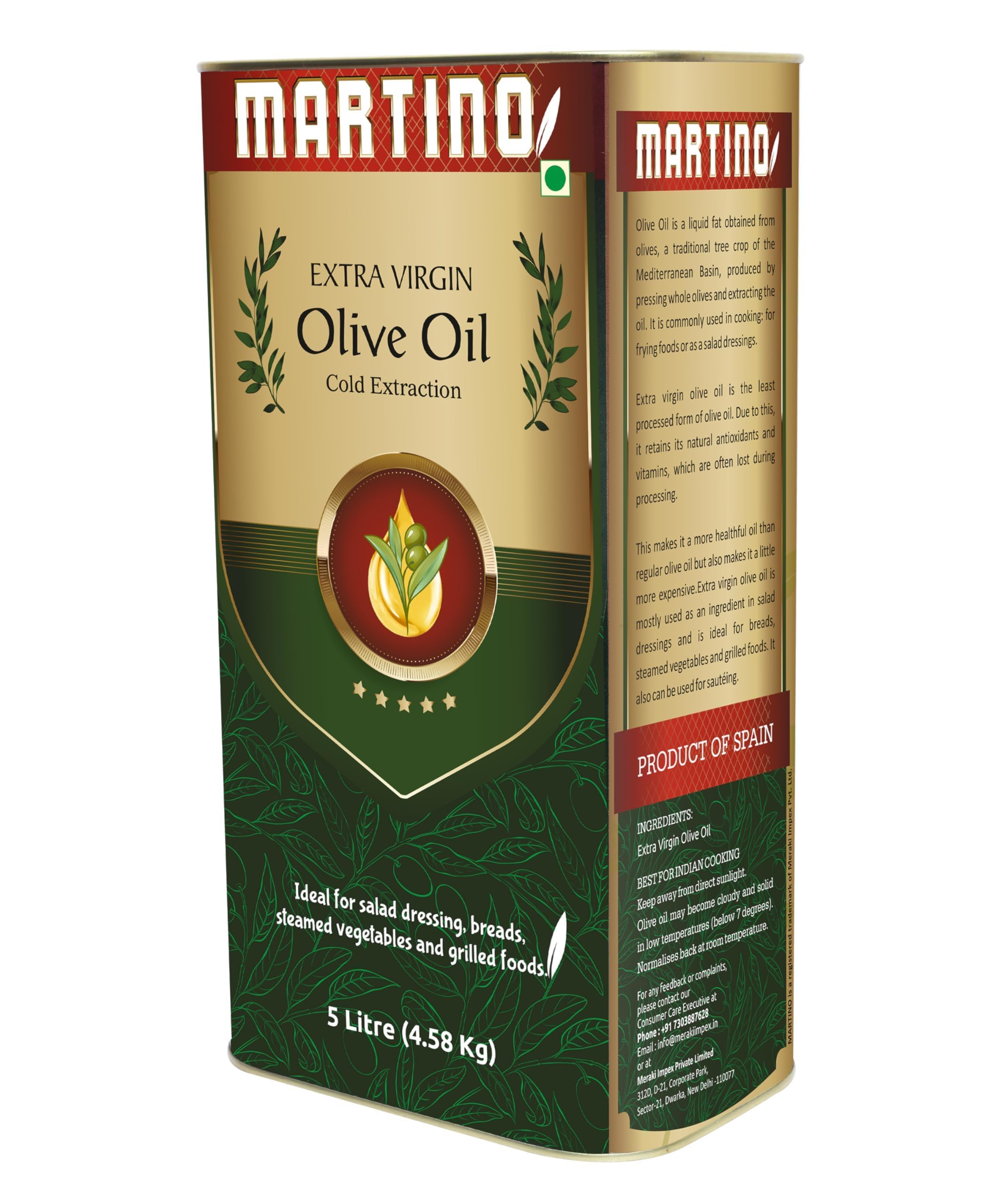 MARTINO Extra Virgin Olive Oil 5 litre, A1 Grade Olives From The Farms of Spain | Olive Oil for Cooking and Salad Dressing | Cold Press Extraction, Cholesterol & Trans Fat-Free, Natural Antioxidants, Rich in Vitamins. 4