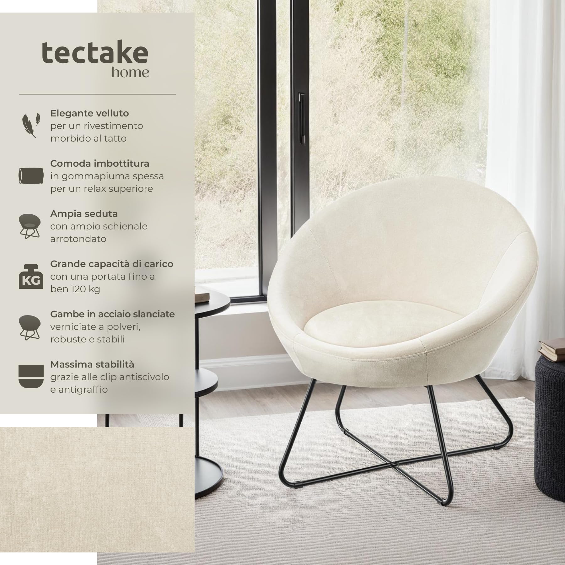 tectake® Poltrona Rotonda Imbottita, Stile Scandinavo, Comoda Sedia da Salotto con Schienale Continuo, Piedini Antiscivolo per Pavimenti, Struttura Verniciata a Polvere - Effetto Velluto Beige