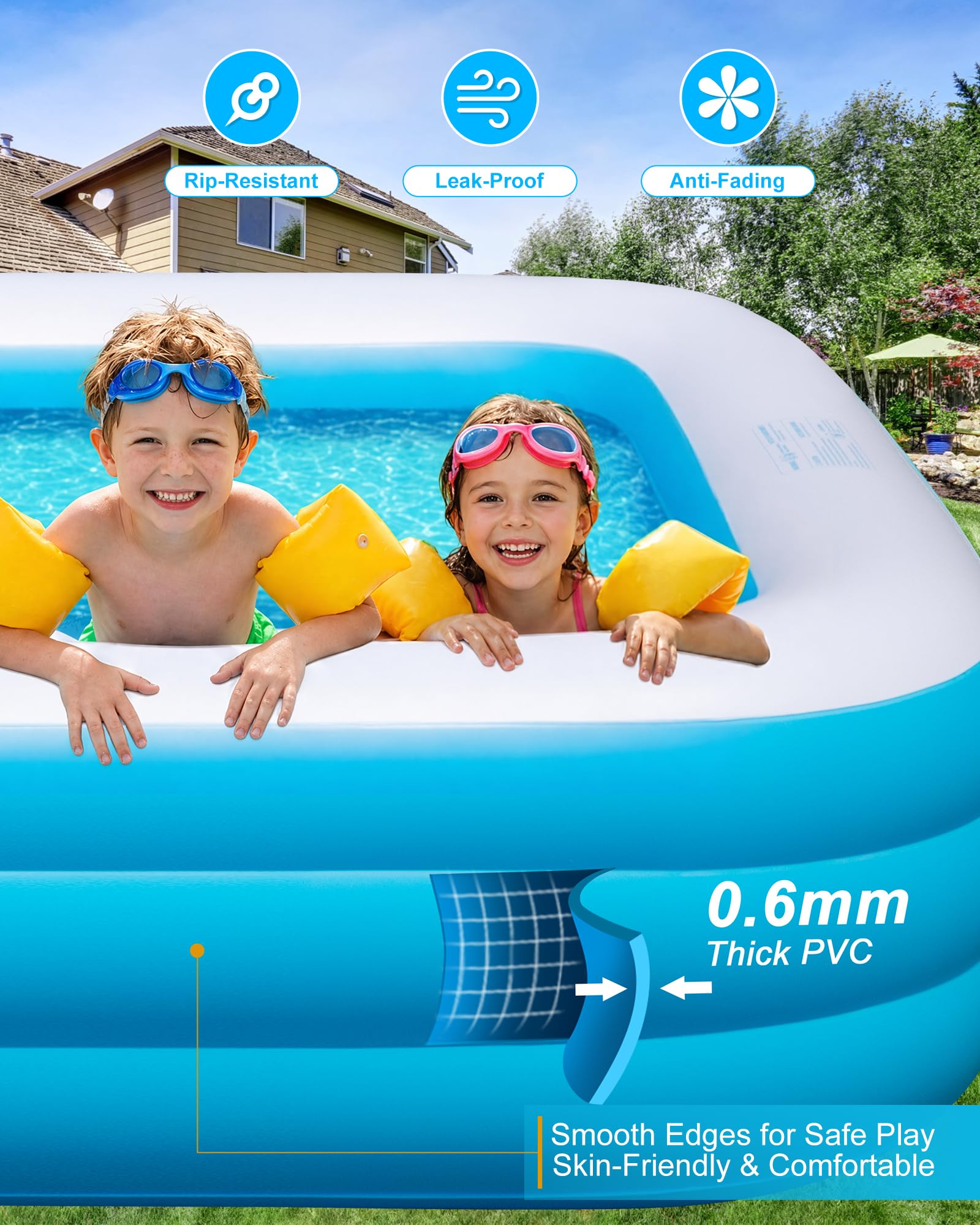 Piscina gonfiabile per adulti e bambini, 330,2 x 182,9 x 55,9 cm, piscina gonfiabile con luci, grande piscina gonfiabile per famiglia, piscina gonfiabile ispessita per cortile esterno