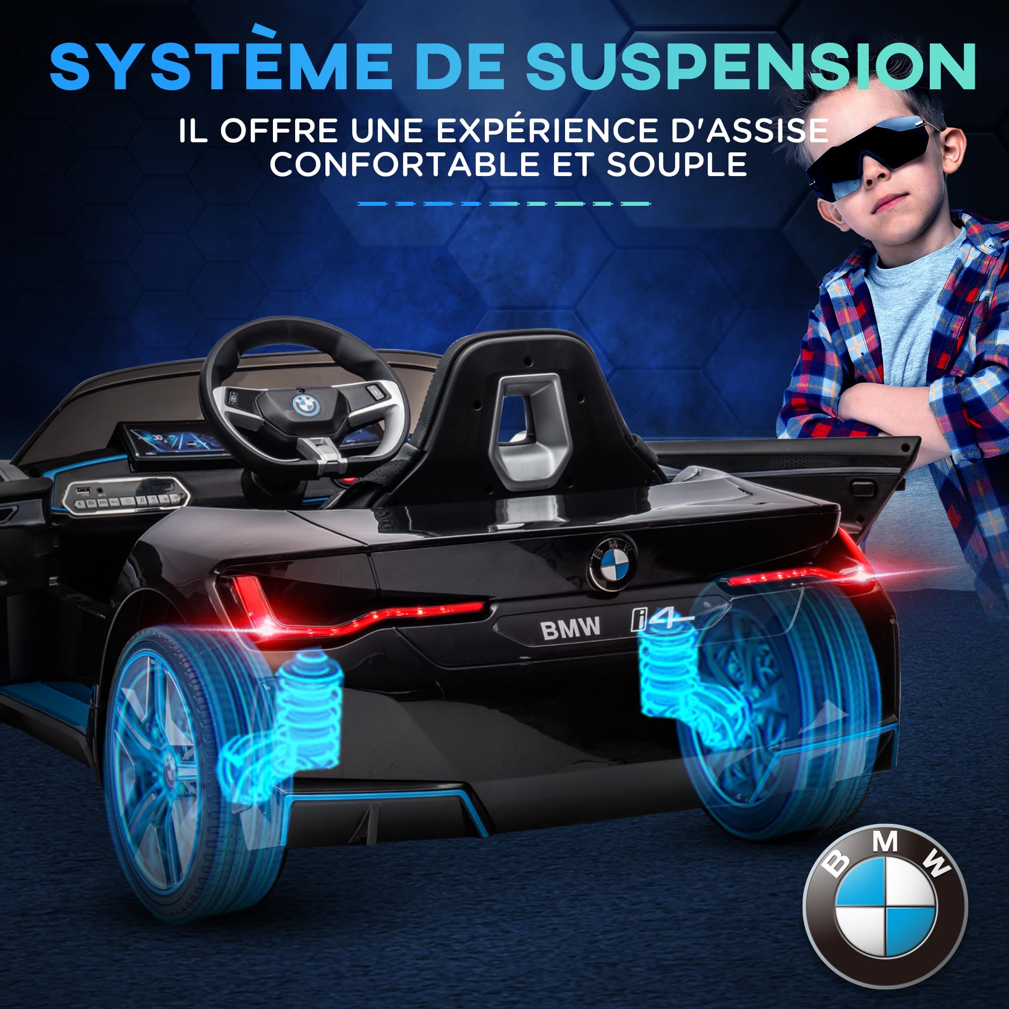 HOMCOM Voiture Électrique Enfants Licence BMW I4 12V 3-5 km/h Noir | Voiture à Batterie, Véhicule Électrique, Télécommande, MP3 Musique, Affichage, Lumières, Ceinture de Sécurité