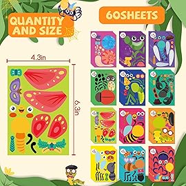 Sinceroduct Make Your Own Stickers for Kids, Fun Bug Sticker Kit with 60 Insect, Animal Face Sticker Sheets, Perfect for Rewards, Party Favors, Holiday Gifts, and Christmas Day, Valentine\'s Day