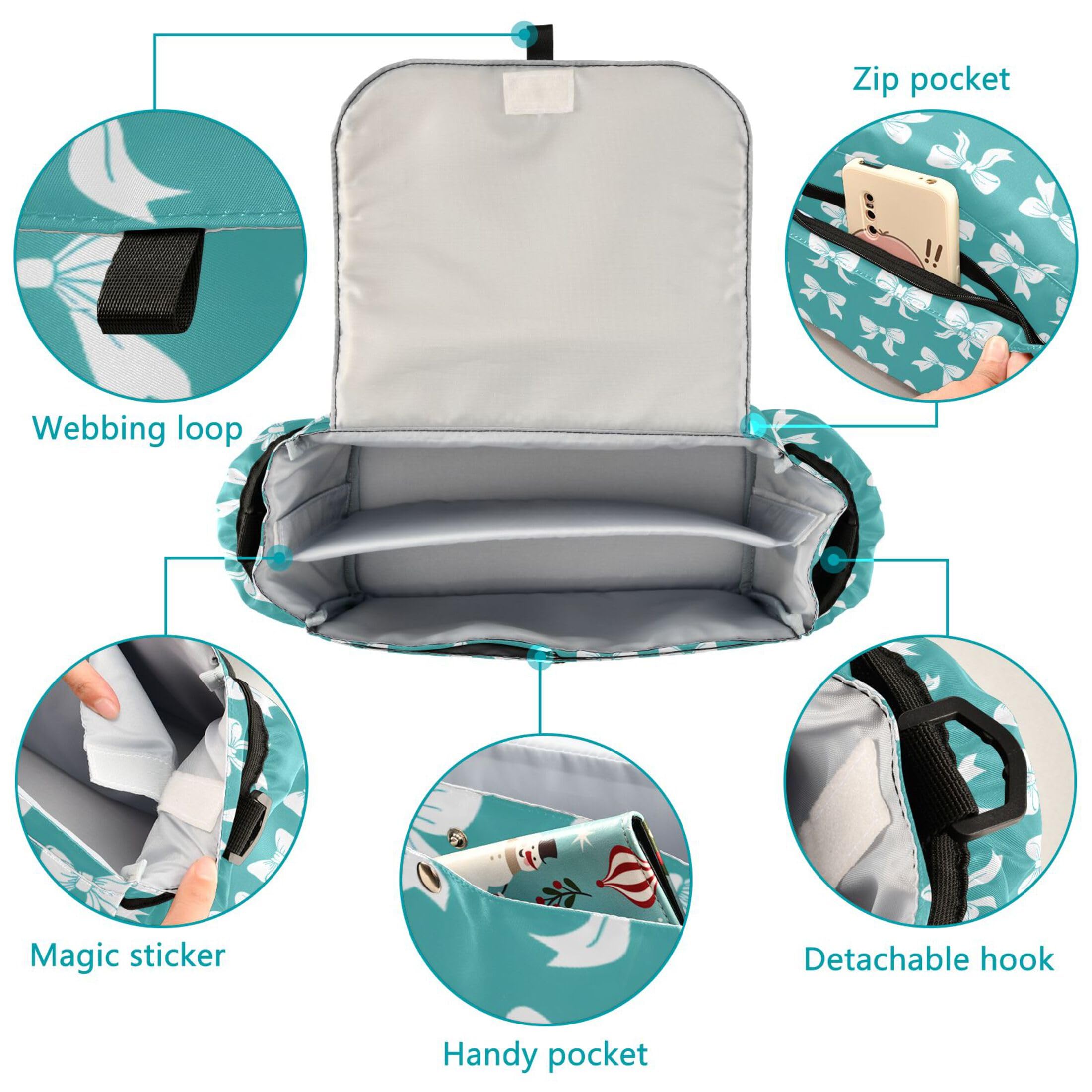 Burbuja Bows on Teal Stroller Organizer with Insulated Cup Holders, Non-Slip Stroller Caddy Universal Fits Most Strollers, Nursery Accessories