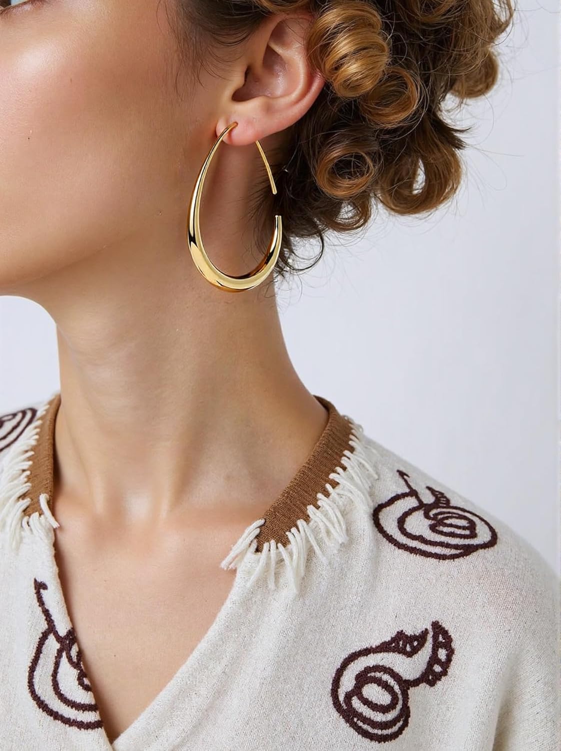 14k Gold/White Gold Plated Lightweight Teardrop Hoop Earrings for Women Large Oval Pull Through Hoop Earrings High Polished Statement Jewelry Gift for Women - Image 3