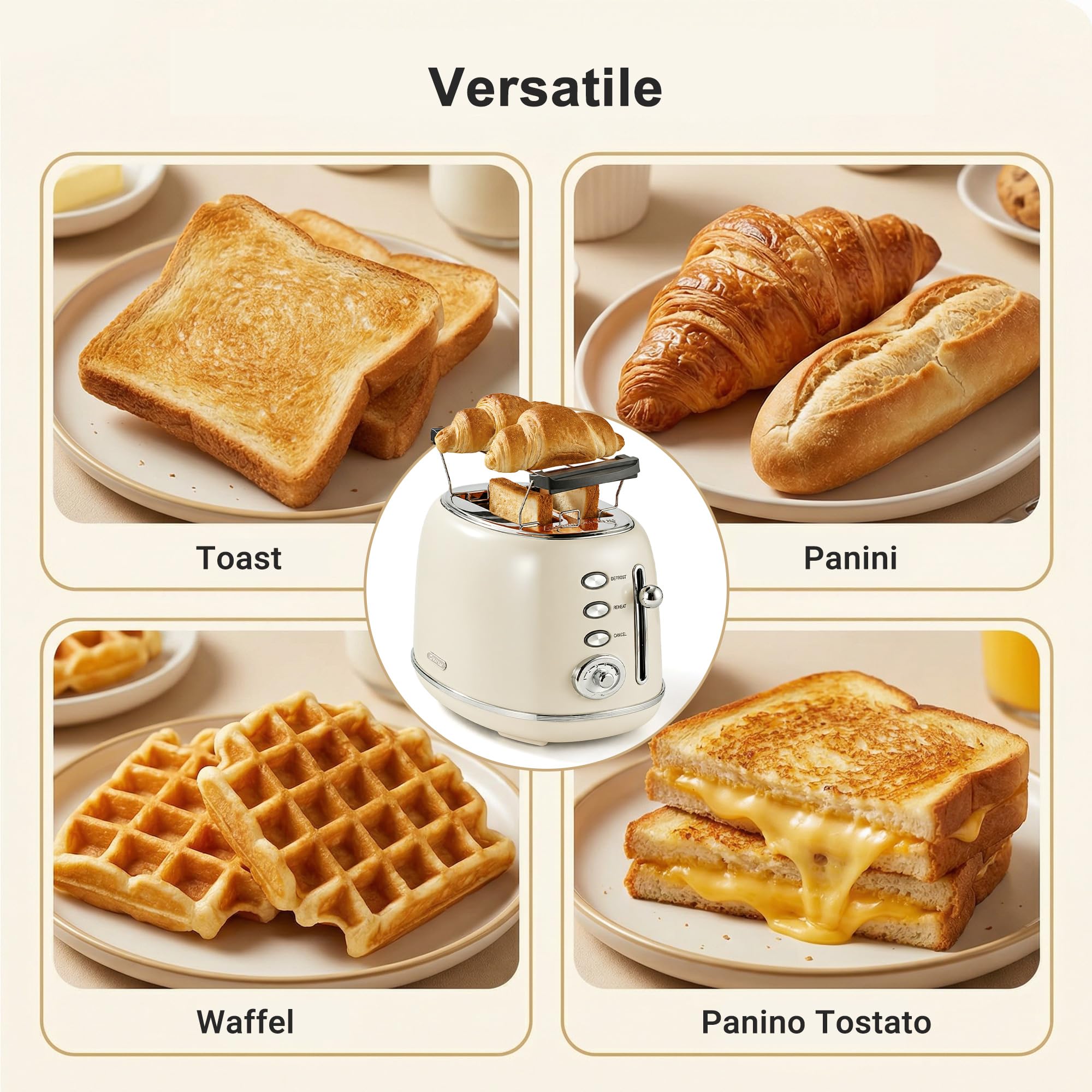 Wiltal Tostapane Retrò 2 Fette in Acciaio Inox – Tosta Pane Compatto con Scalda Pane, 6 Livelli, Funzione Scongelamento e Riscaldamento, Espulsione Automatica, Design Vintage Beige Elegante