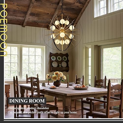 Miniatura 5 de Lámpara Sputnik moderna de 12 luces, color negro y dorado, de 31 pulgadas, colgante de techo de mediados de siglo, fuegos artificiales, globo con