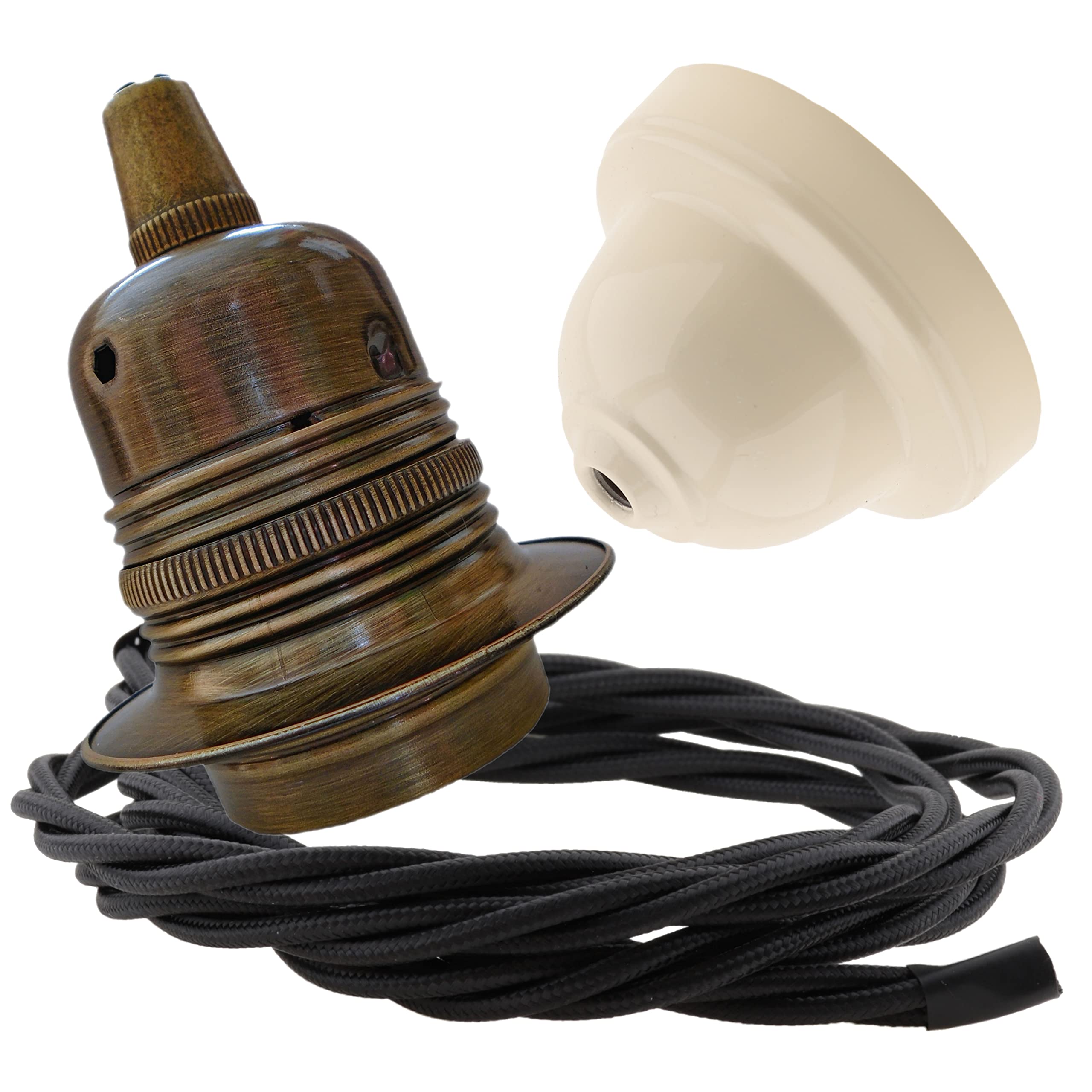 Repaireum Ltd. Pendant Kit with Ivory Bakelite Ceiling Cup E27 Antique Brass Lampholder and Black Flex