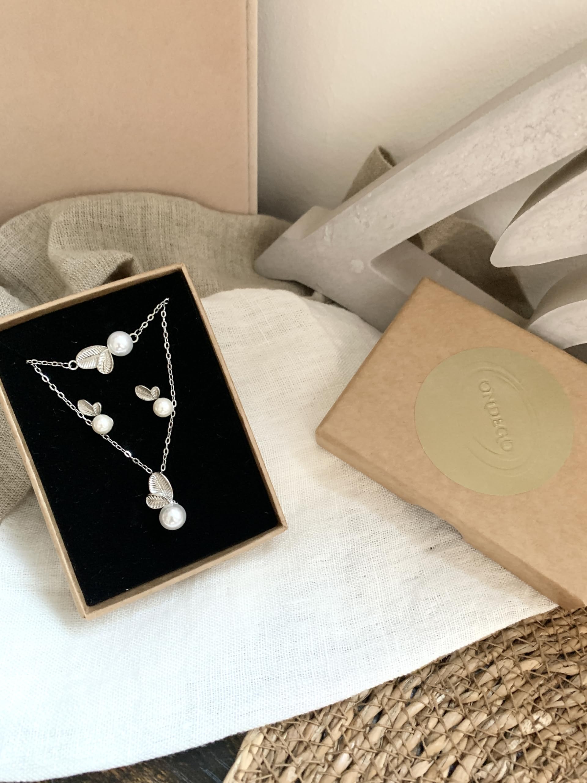 925 Silber Schmuckset Damen Perlen Blätter Halskette Ohrringe Armband Zirkonia Strass Brautschmuck Hochzeit Kommunion