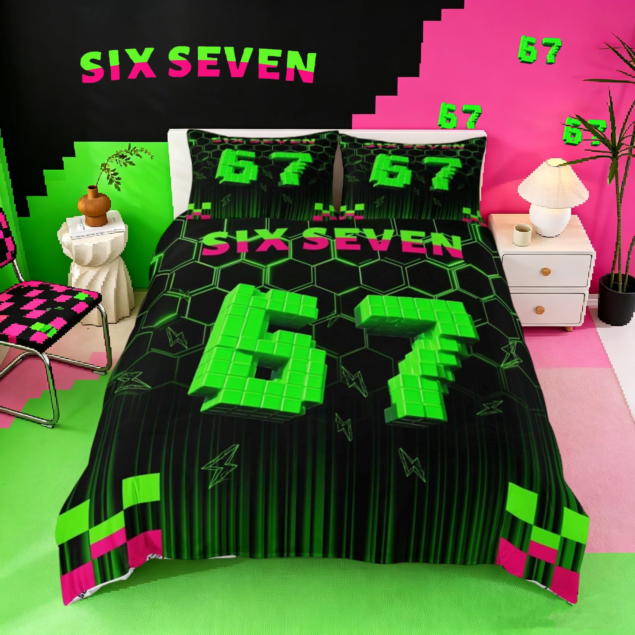 Loussiesd 3D Pixel 6-7 Duvet Cover Set Cot Size for Kids Boys Girls Green Honeycomb Six-Seven Bedding Set Geometric Hexagonal Duvet Cover with 1 Pillowcase Meme 67 Bedding โ image 1