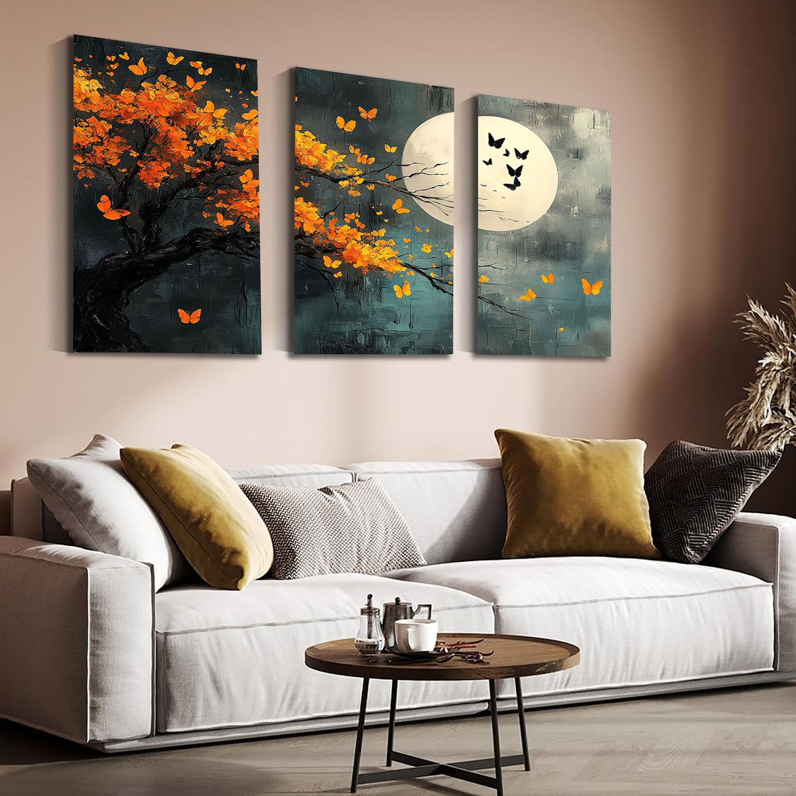 WQBQKKX Set de 3 Arbol De La Vida Cuadro Moderno en Lienzo Árbol Flores de luna llena Cuadros Pintura Carteles E Impresiones, Arte De Pared De Porche（Red 108-60x80cmx3 Enmarcado