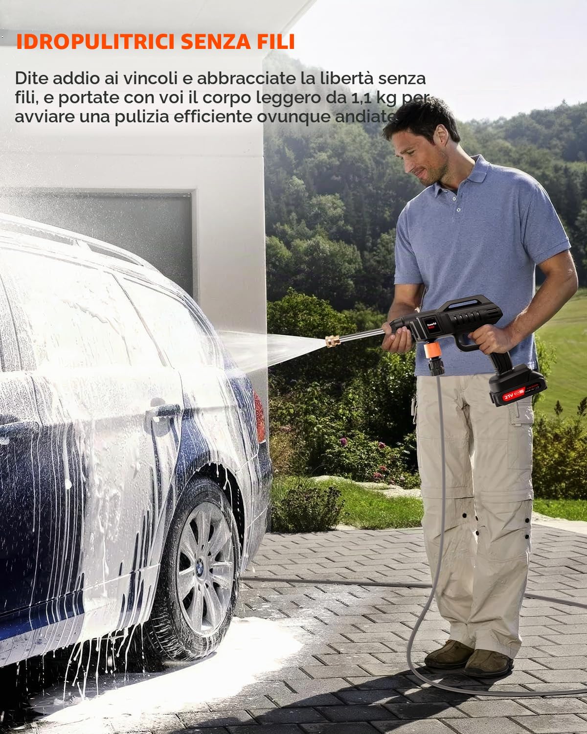 Idropulitrice a Batteria,Idropulitrice Portatile Potente con 2 Batterie,2 Ugello,La Schiuma Può,Tubo da 5M,Pistola Alta Pressione Senza Fili per Auto, Giardino,Terrazza,Prato e Irrigazione