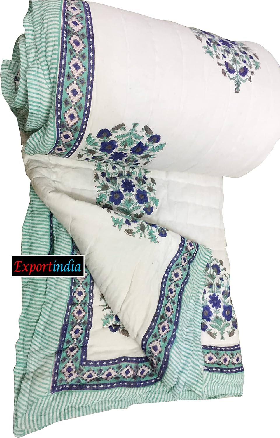 Hand Block Printed Quilt Cotton Jaipuri Razai Indian Sanganeri Printed Rajai Handmade Kantha Coverlet Quilt (King/Queen Size 90x108 Inch)