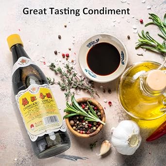 Gold Plum Chinkiang Vinegar, 18.6 FL Oz The Original Zhenjiang Black Vinegar, Chinese Black Rice Vinegar, Authentic Zhenjiang Xiang Cu for Potsticker, Dumpling, Eggroll, Salad, and Soup, 12-Pack
