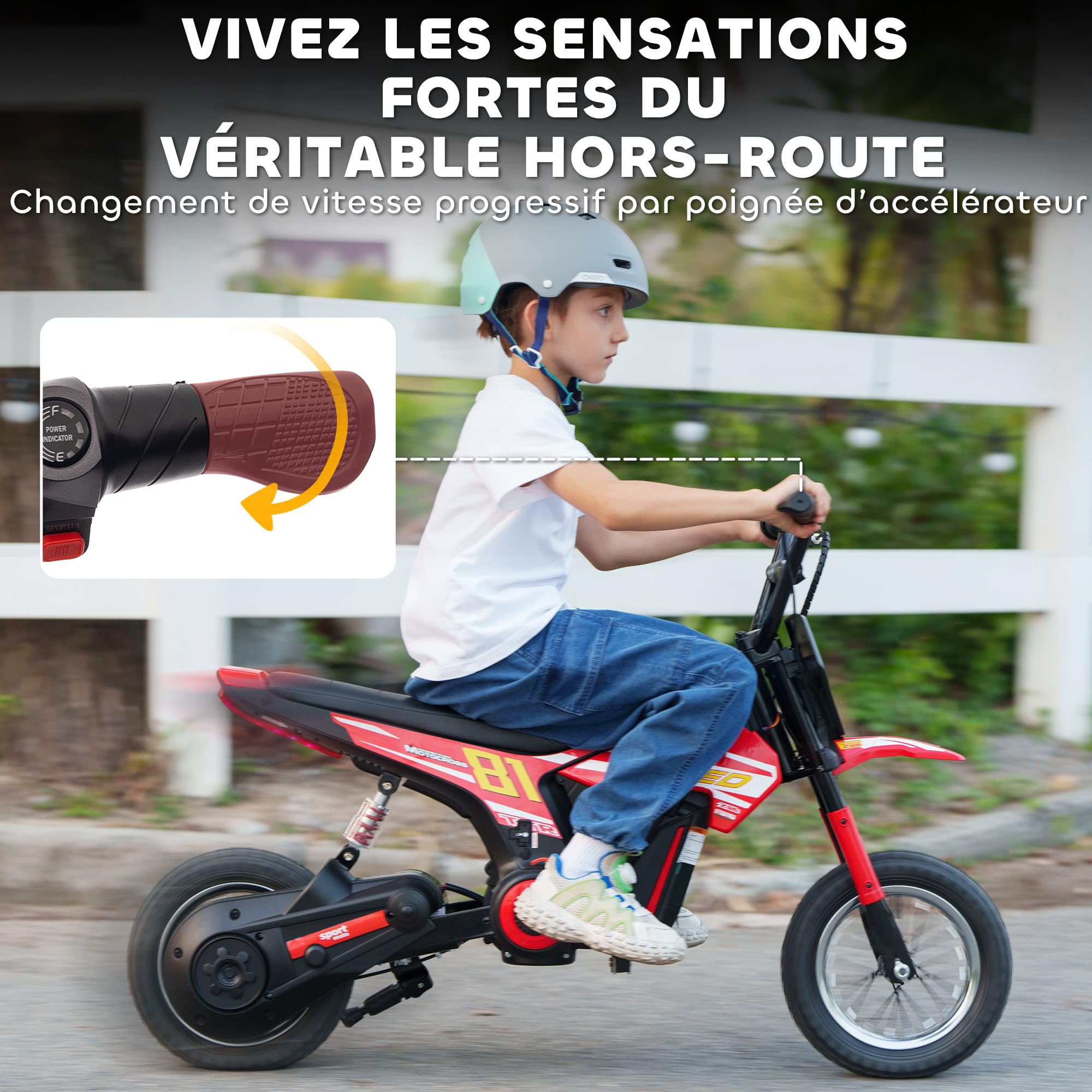 AIYAPLAY Moto Électrique Enfants 24V Moteur 250W 6-16 km/h 8-12 Ans Rouge