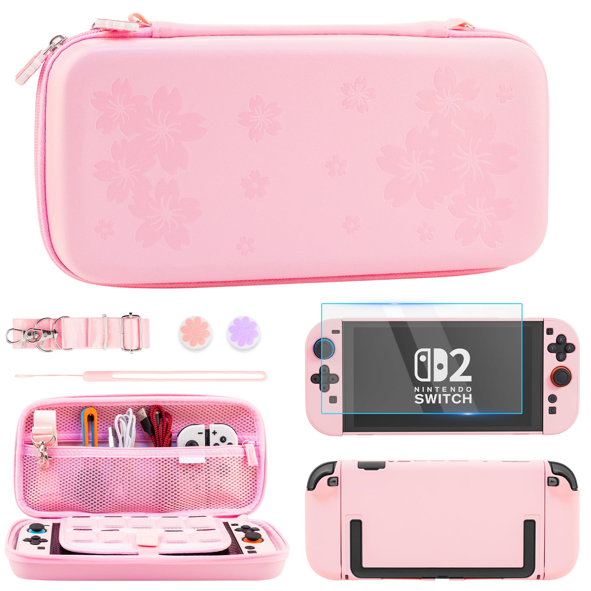 RHOTALL Pink Cherry Blossom - Bolsa de viaje para Nintendo Switch 2 (2025) de 7,9 pulgadas, bonita bolsa de viaje con carcasa rígida para Switch 2, protector de pantalla, 2 tapas para el pulgar