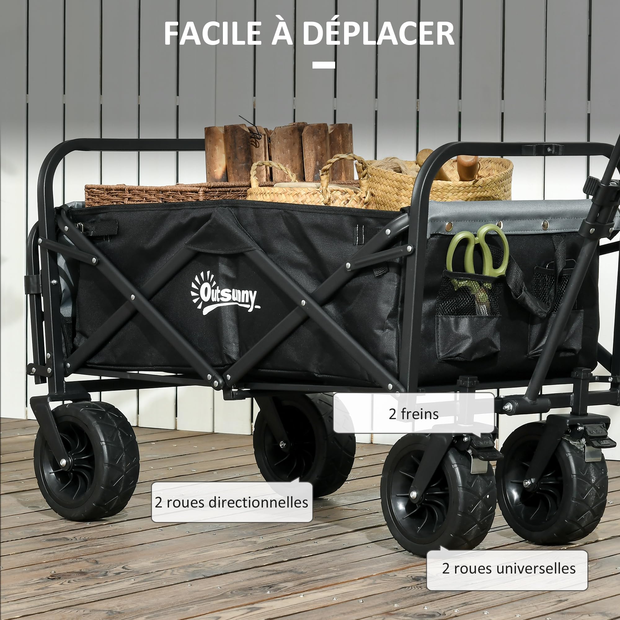 Chariot Pliable Sunula - Capacité 150 Kg - Roues Tout-terrain - Porte-gobelets - Noir - Facile à Ranger