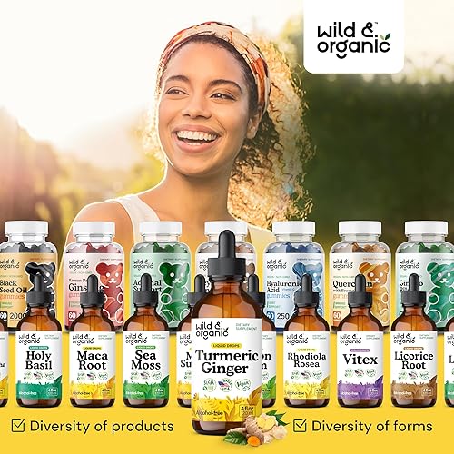 Miniatura 8 de Wild & Organic Gotas de suplemento de cúrcuma y jengibre, apoyo articular e inmunológico, curcumina líquida de cúrcuma con pimienta negra y