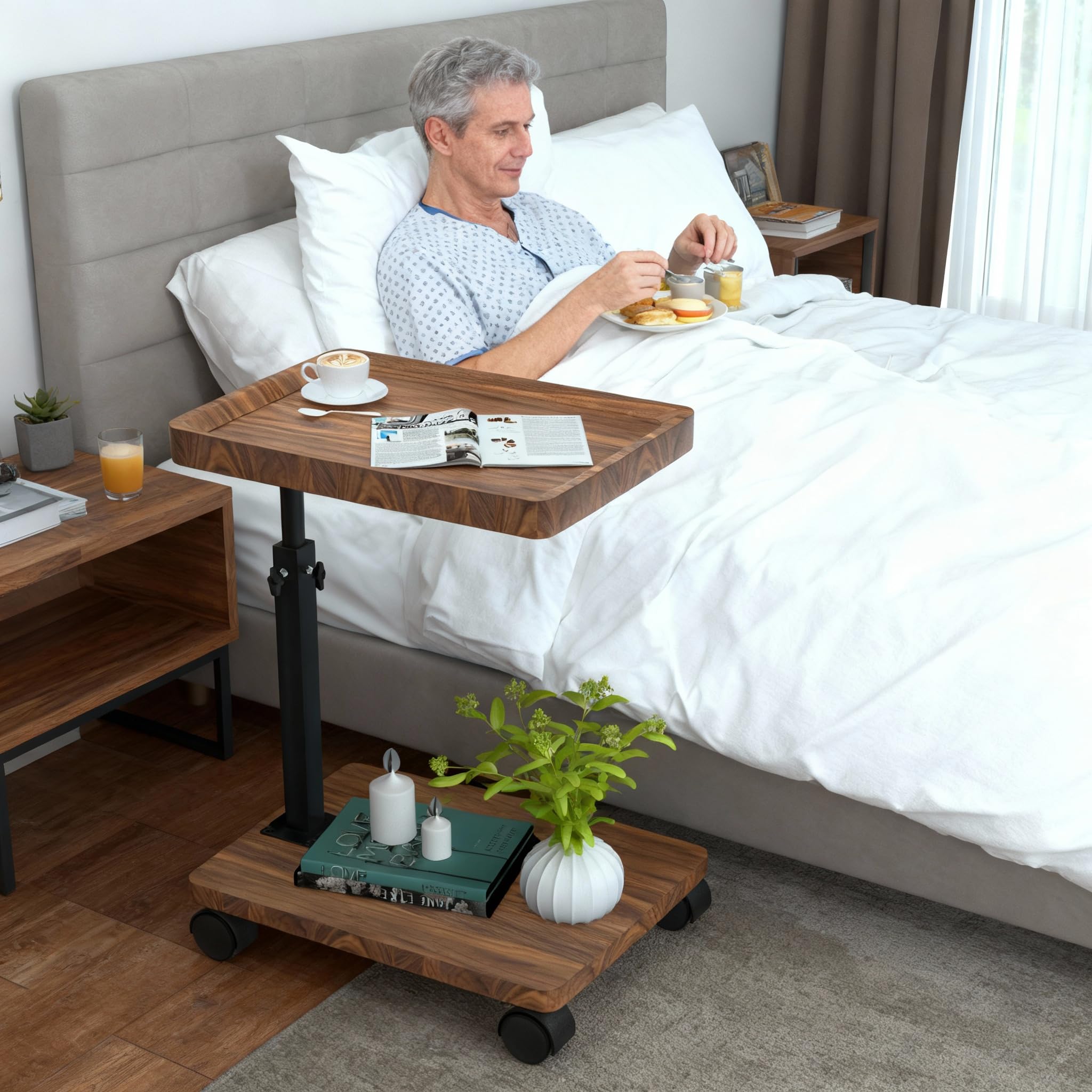 Tavolino da Divano - Tavolino Divano Rotazione 360° e con Ruote - Tavolini da Divano Regolabile Altezza (45-80CM) - Tavolino a Forma di C da Divano e Letto per Soggiorno e Camera da Letto