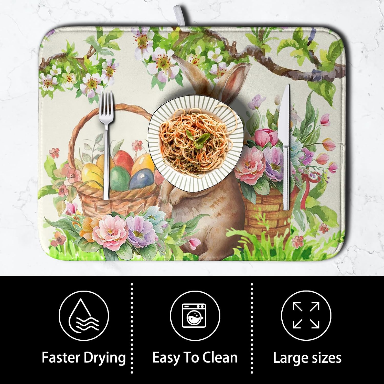 Happy Easter Bunny Kitchen Dish Drying Mat for Dishes 18x24 Inch Spring Colorful Floral Flower Basket Drying Mats Easter Eggs Dish Drainer Mat Super Absorbent Dish Rack Pad for Coffee Bar Sinks image 4
