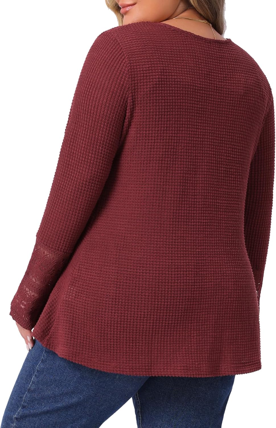 Agnes Orinda Plus Size Waffle Knit Tops for Women V Neck Lace Patchwork Long Sleeve Lightweight Flowy Blouse - Image 4