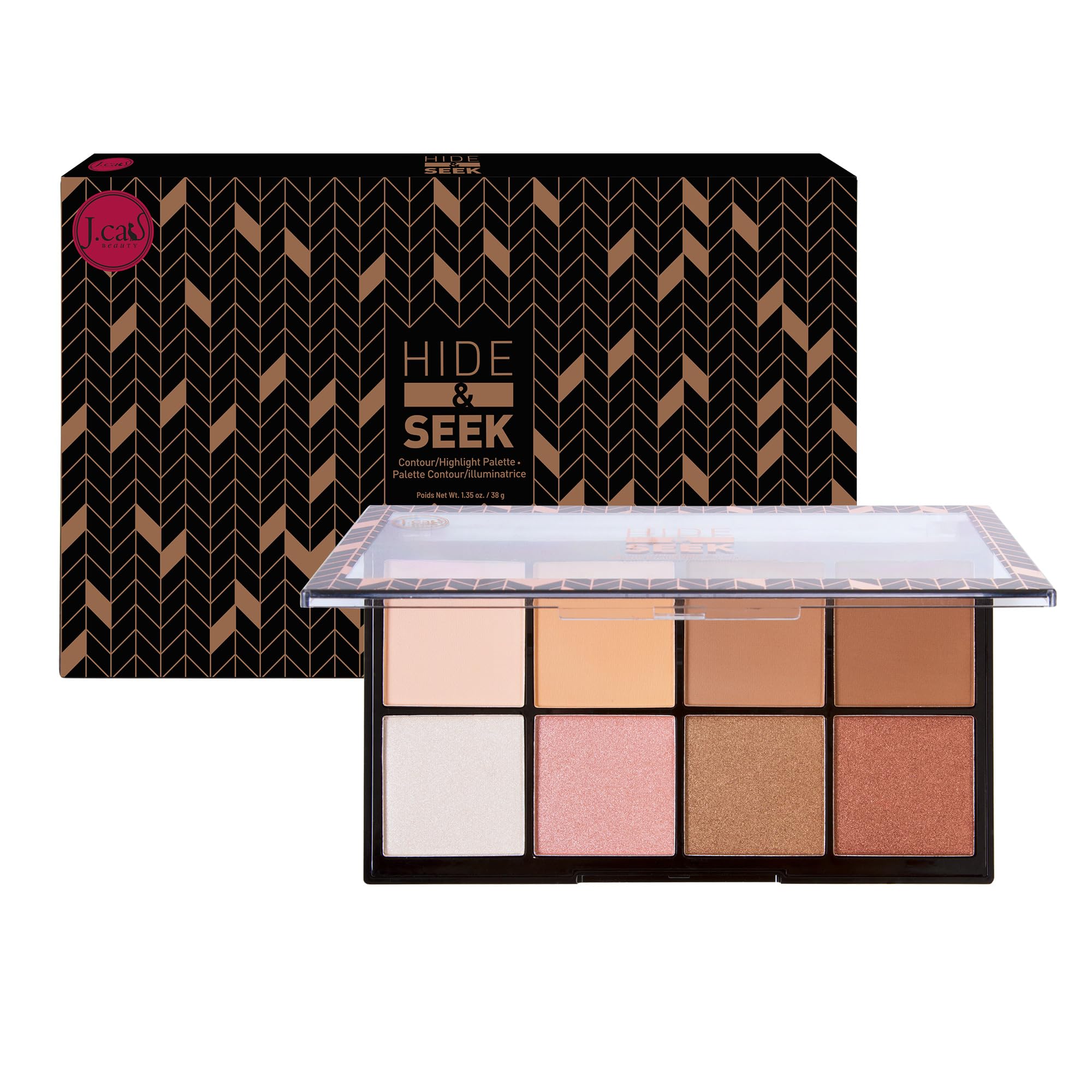 J. Cat Beauty 8 Color Contour and Highlight Palette Hide and Seek, Pigmented and Blendable Shades from Soft to Chiseled Look