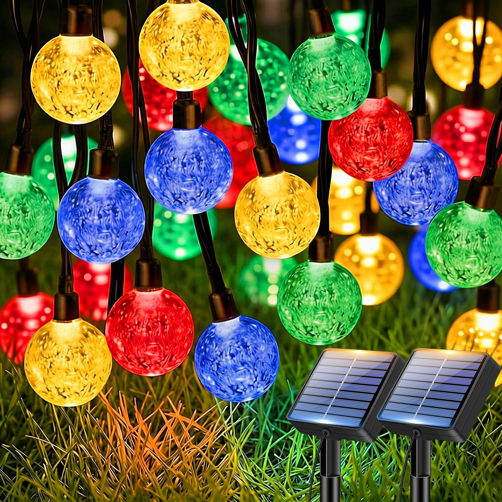 btfarm 2 Pack Solar Lights Outdoor Garden, 12.5M/41FT 50 LED Solar Powered String Lights Waterproof, 8 Modes Crystal Ball Fairy Light for Garden Patio Yard Tree Christmas Party, Multi-Coloured